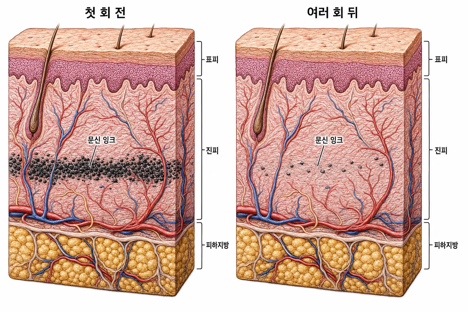 왼쪽은 진피에 검은 잉크가 빽빽하게 박힌 첫 회 전, 오른쪽은 같은 자리에 잉크가 크게 줄어든 상태의 예를 나란히 그린 피부 단면 도해 — 남는 양은 잉크의 색·깊이·양에 따라 다릅니다