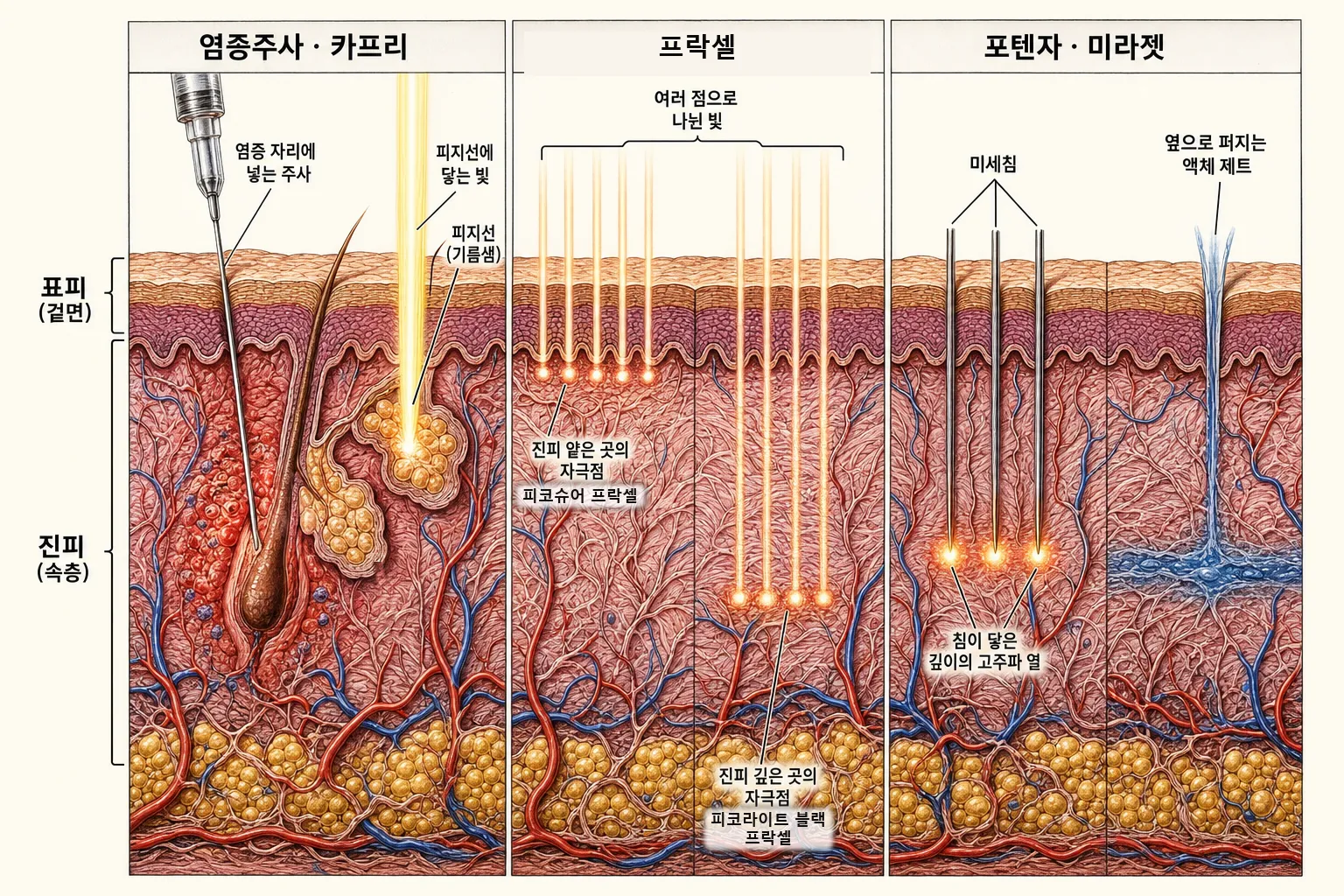 여섯 시술이 피부 어디에 작용하는지 세 칸으로 비교한 단면 — 왼쪽은 피지선과 염증 자리에 작용하는 염증주사 바늘과 카프리 빛, 가운데는 표피를 그대로 두고 진피 얕은 곳(피코슈어 프락셀)과 깊은 곳(피코라이트 블랙 프락셀)에 점점이 찍히는 자극점, 오른쪽은 진피까지 들어간 미세침이 닿은 깊이에서 내는 고주파 열과, 바늘 없이 쏘아 진피에서 옆으로 퍼지는 미라젯의 빠른 물줄기(액체 제트)