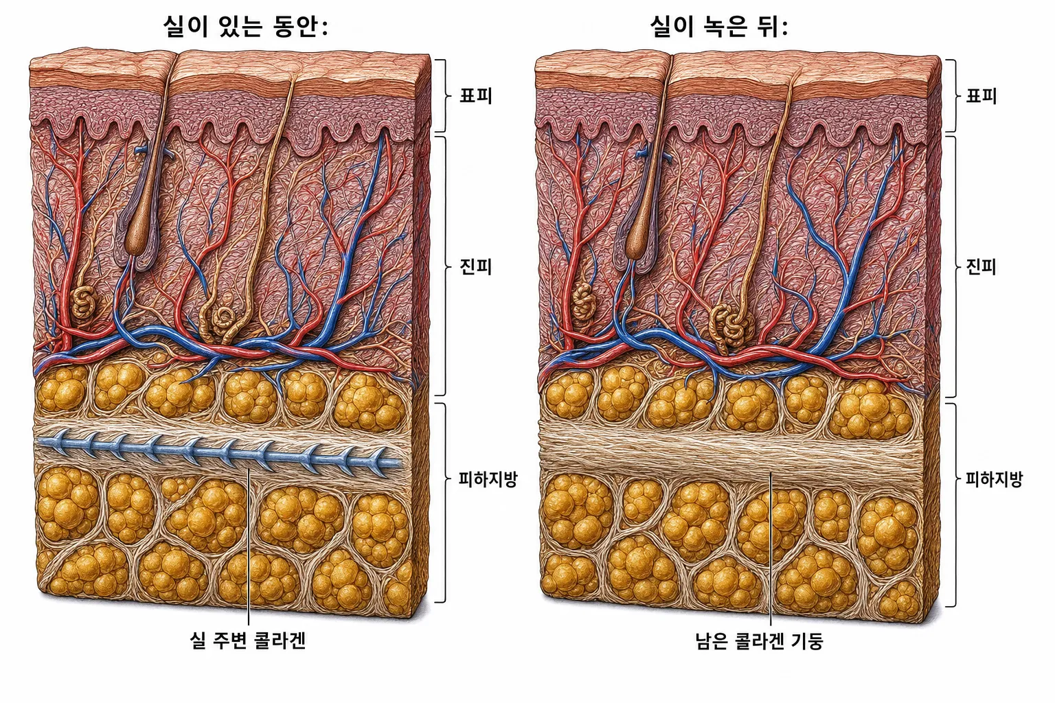 왼쪽은 실이 지방층에 자리 잡고 주변에 콜라겐이 만들어지기 시작한 모습, 오른쪽은 실이 분해돼 사라지고 그 자리에 콜라겐 기둥이 남아 조직을 받치는 모습을 나란히 그린 피부 단면 도해