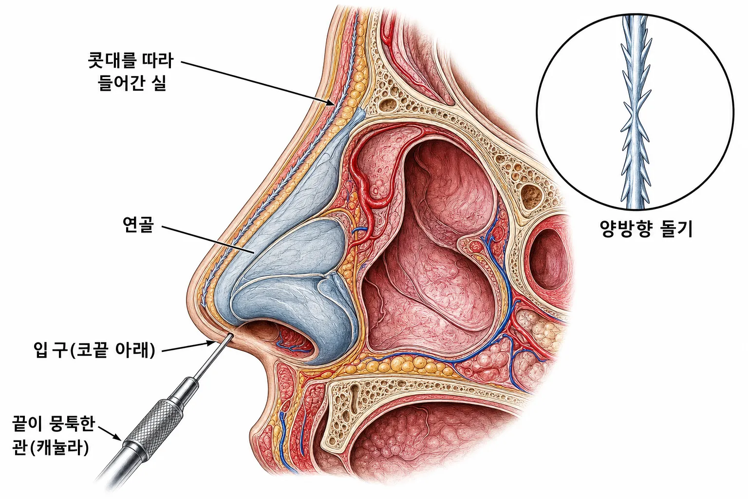 코끝 아래 작은 입구로 끝이 뭉툭한 관(캐뉼라)이 들어가 콧대를 따라 피부 아래에 실을 두는 코 측면 단면 도해 — 확대 원 안에 양쪽으로 돌기가 난 실
