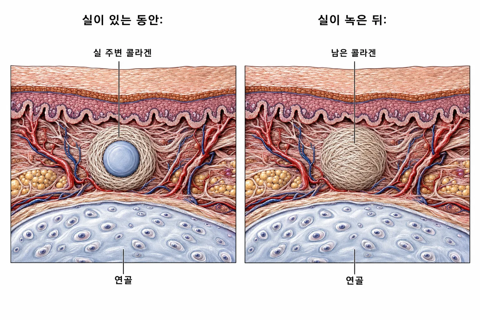 왼쪽은 콧대 단면에 실이 들어가 조직을 받치고 주변에 콜라겐이 만들어지기 시작한 모습, 오른쪽은 실이 분해되고 그 자리에 콜라겐이 남아 형태를 받치는 모습을 나란히 그린 단면 도해
