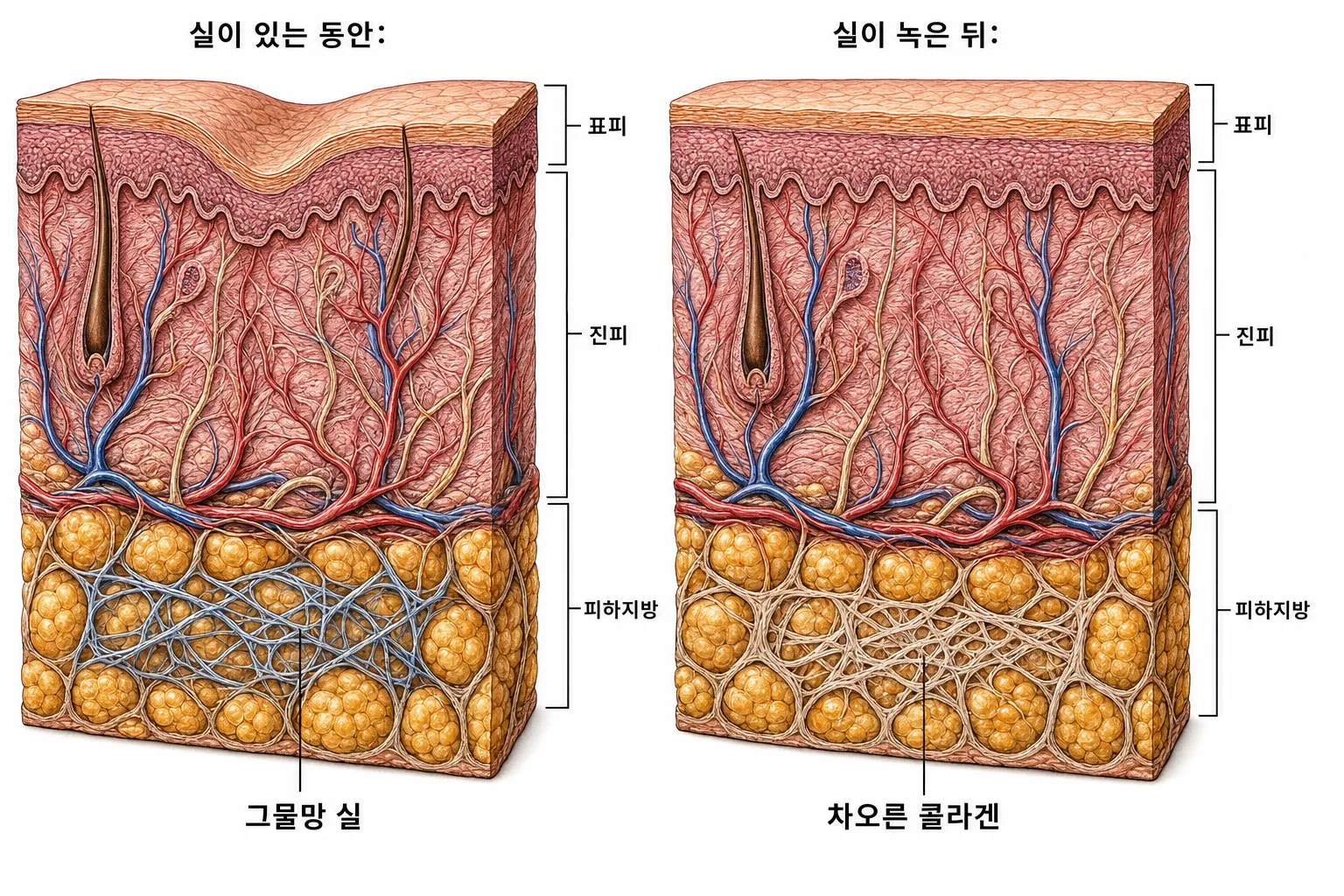 왼쪽은 꺼진 자리에 그물망 실이 들어가 콜라겐이 만들어지기 시작한 모습, 오른쪽은 실이 분해되고 그물 모양을 따라 콜라겐이 차올라 꺼진 자리가 받쳐진 모습을 나란히 그린 피부 단면 도해