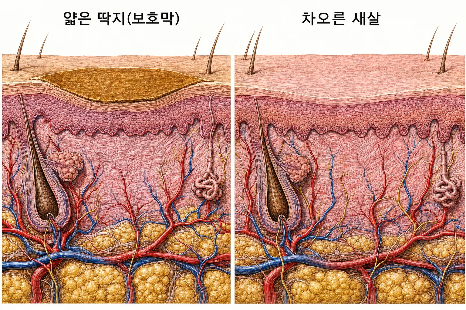 병변을 걷어낸 직후 얇은 딱지가 자리를 덮은 모습과, 딱지가 떨어진 뒤 새살이 평평하게 차오른 모습을 나란히 비교한 피부 단면 도해 (개인차 있음)