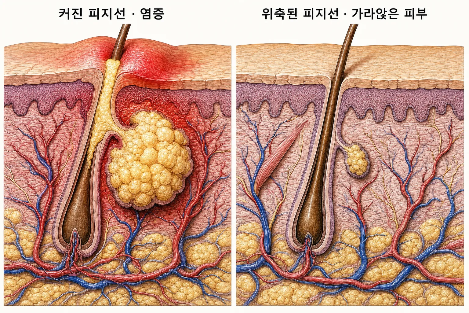 치료 전 커진 피지선과 염증이 있는 모낭, 치료 후 위축된 피지선과 가라앉은 모낭을 나란히 비교한 피부 단면 도해 (개인차 있음)