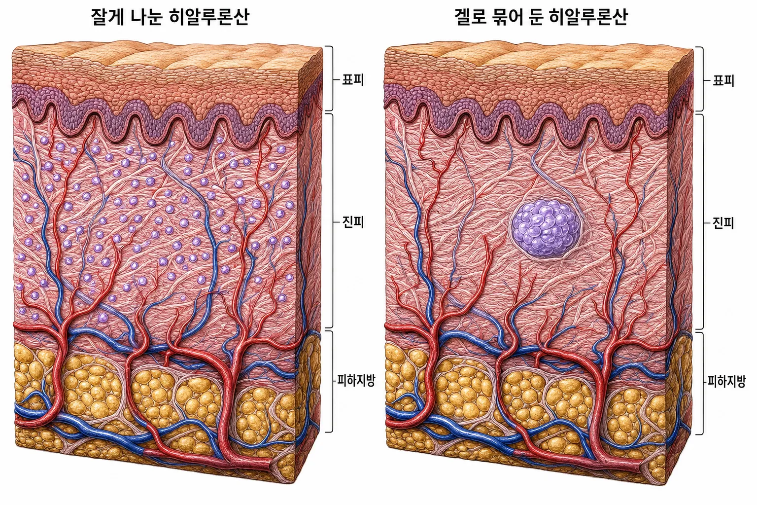 잘게 나눈 히알루론산이 진피 얕은 층의 콜라겐 섬유 사이로 넓게 퍼져 고르게 자리 잡은 모습과, 겔로 묶어 둔 히알루론산이 한자리에 모여 머무는 모습을 나란히 그린 피부 단면 도해
