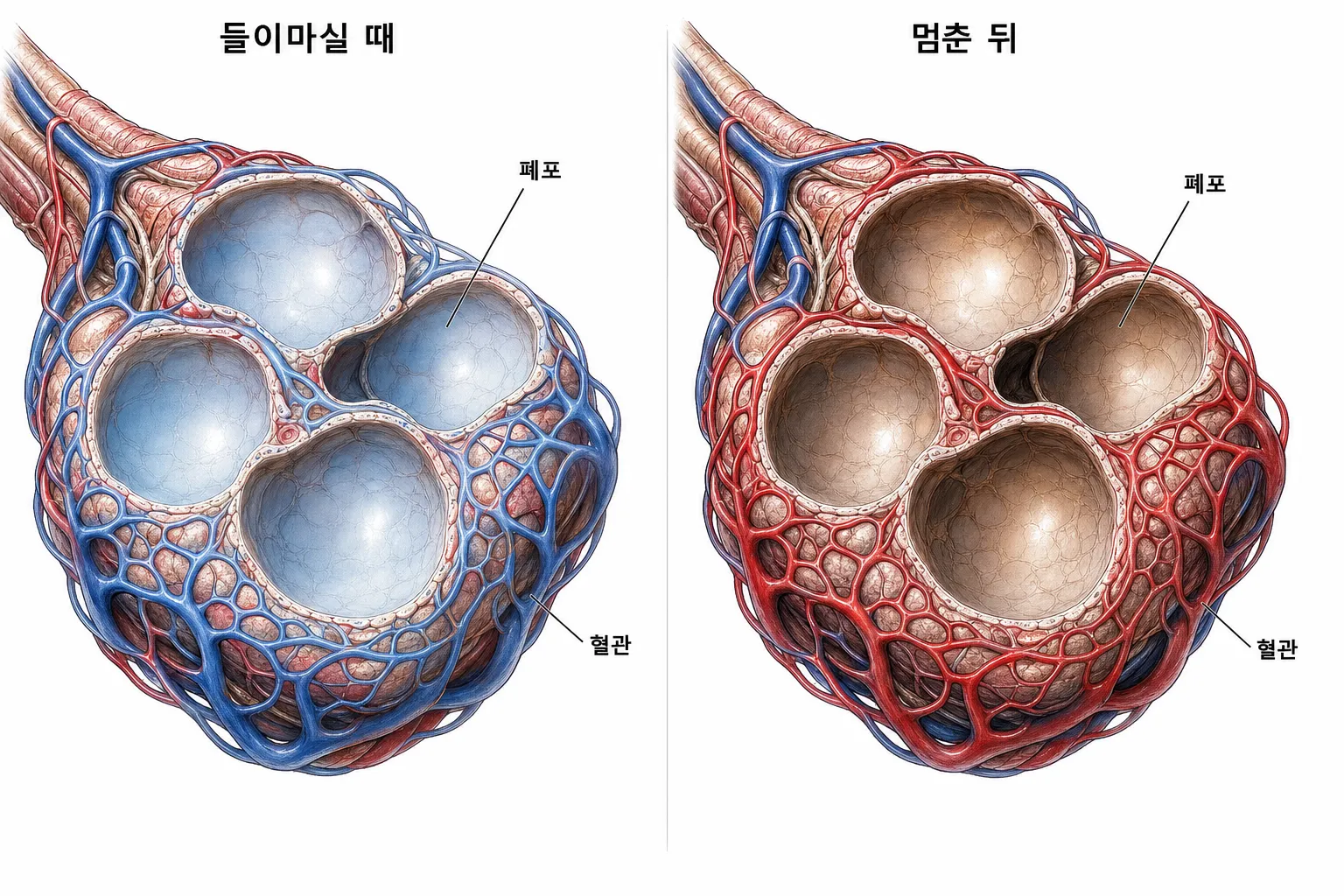 폐 속 작은 공기주머니(폐포)와 그 벽에 붙은 가는 혈관 사이에서, 들이마신 가스가 혈액으로 옮겨 가고 흡입을 멈추면 혈액에서 다시 폐포로 빠져나오는 모습을 나란히 그린 단면 도해