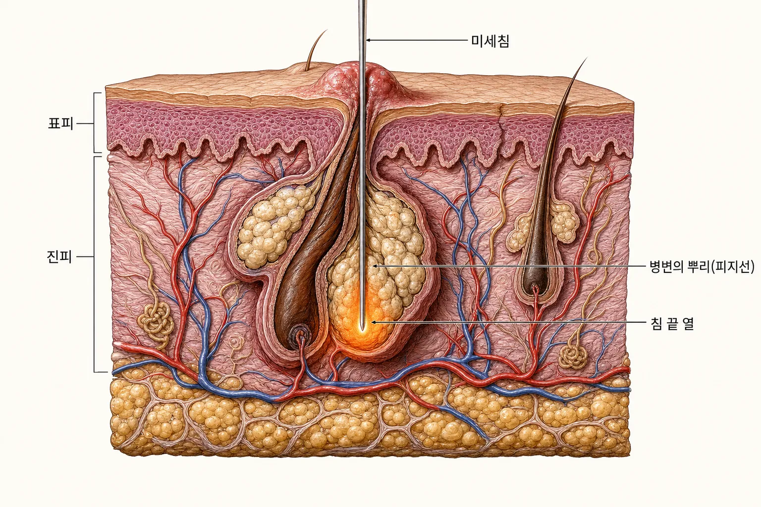 표면에 볼록 솟은 작은 병변을 통해 가는 침 하나가 진피 속 병변의 뿌리(그림에서는 커진 피지선)까지 들어가고 침 끝에서만 열이 퍼지는 피부 단면 도해 — 옆의 정상 모낭은 건드리지 않으며, 침과 열은 진피까지만 닿고 지방층에는 닿지 않음. 병변의 뿌리는 종류마다 달라 한관종은 땀이 나오는 관, 비립종은 각질 주머니가 그 자리에 해당