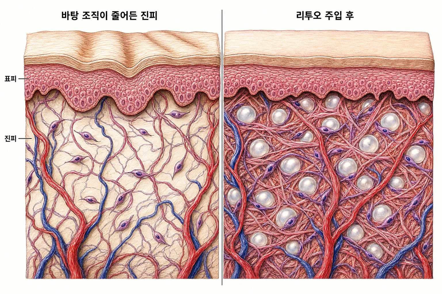 왼쪽은 바탕 조직이 줄어 콜라겐 섬유 사이가 벌어지고 표면에 잔주름이 생긴 진피, 오른쪽은 반투명 입자가 들어와 그 주변으로 새 콜라겐이 짜여 섬유 사이가 메워진 진피를 나란히 그린 2단면 해부학 도해
