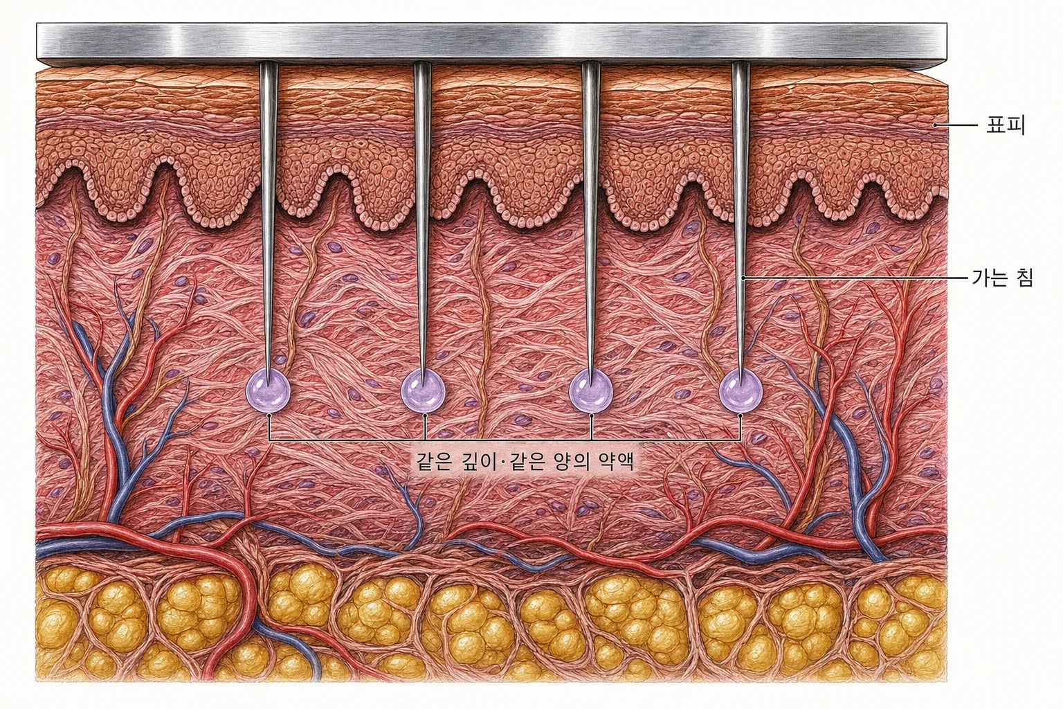 납작한 헤드에서 가는 침들이 피부로 들어가고, 침 끝마다 반투명 약액 방울이 피부 속에 줄지어 놓이는 개념 도해 — 설정한 양을 같은 깊이에 나눠 넣는 것을 목표로 하는 방식을 그린 그림이며, 침의 개수와 배열은 개념 표현