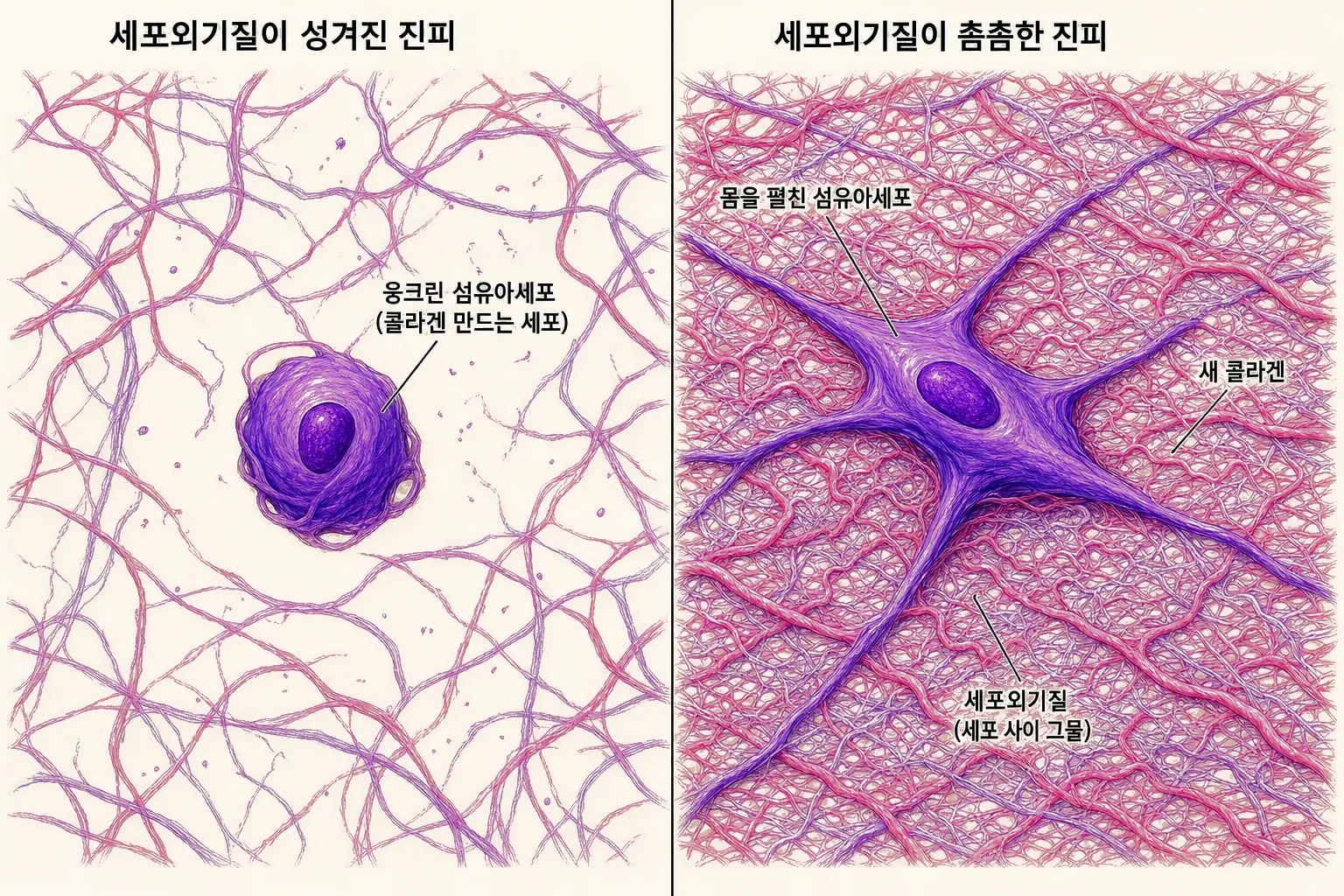 진피 확대 대비 도해 — 왼쪽은 세포외기질(세포 사이를 채우는 그물)이 성겨져 콜라겐을 만드는 세포(섬유아세포)가 붙을 곳 없이 둥글게 웅크린 모습, 오른쪽은 그물 구조에 붙어 몸을 길게 펼친 세포 둘레로 새 콜라겐 가닥이 자라는 모습