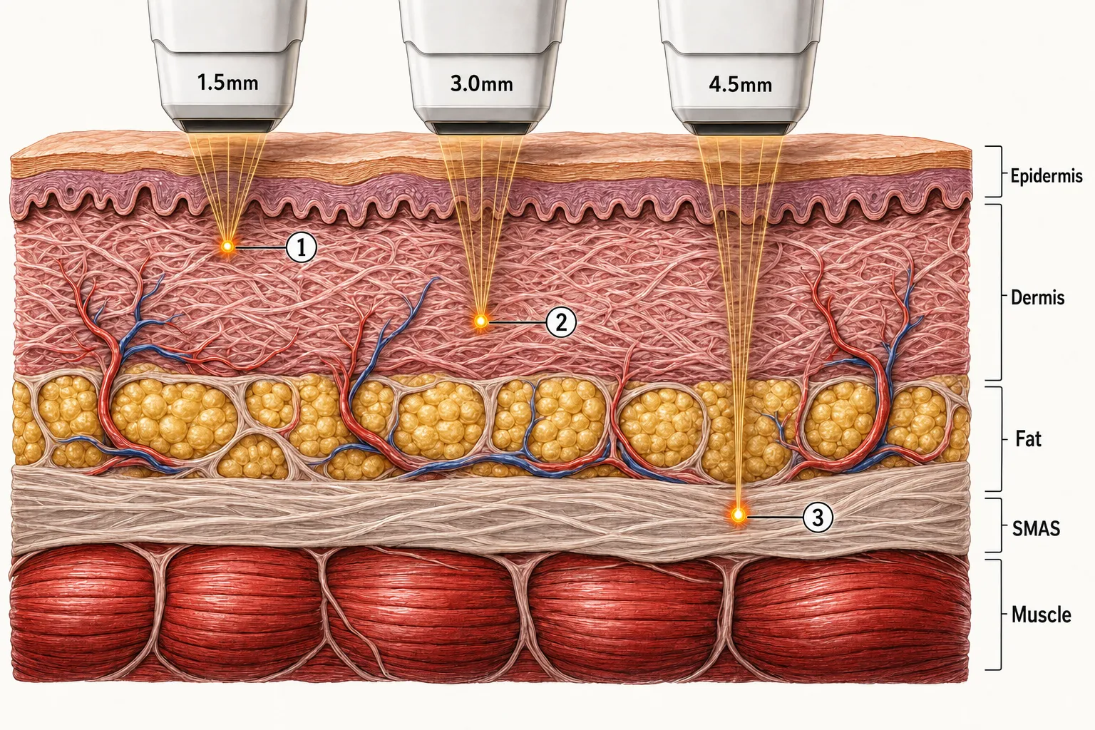 Cross-section showing how the Ultherapy Prime tip works at each depth — heat points forming at 1.5 mm in the superficial dermis, 3.0 mm in the dermis, and 4.5 mm in the SMAS layer