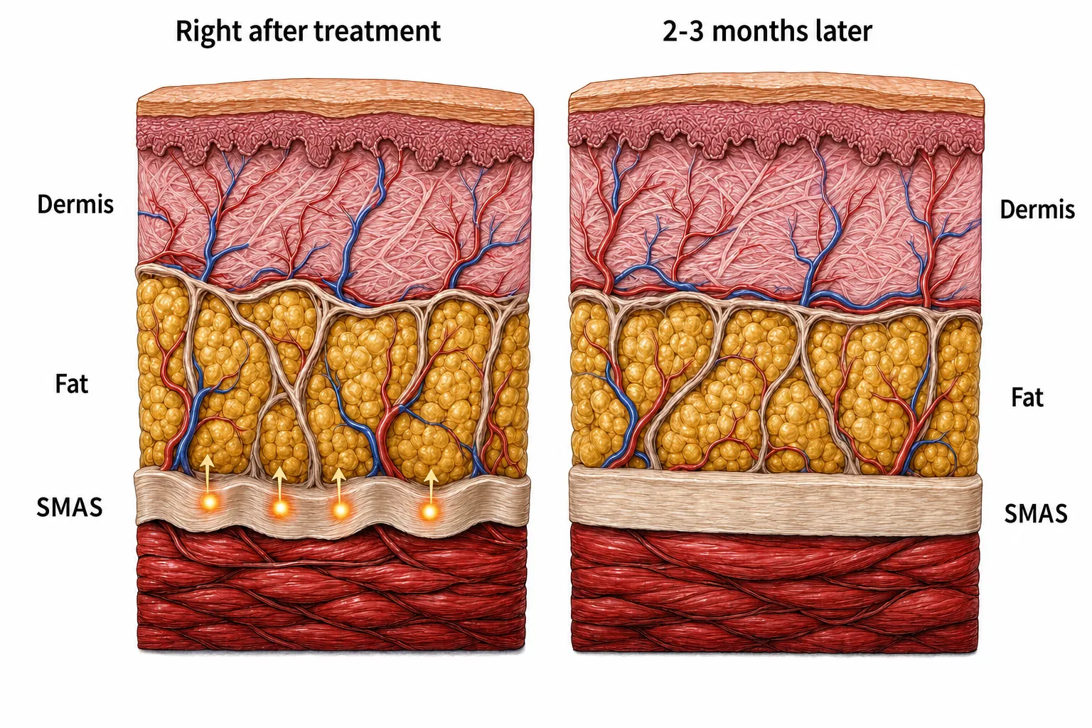 Skin cross-sections right after Ultherapy Prime treatment and 2–3 months later — heat points forming in the SMAS begin contracting at first, then the layer gradually tightens as the lift settles in over 2–3 months (individual results vary)