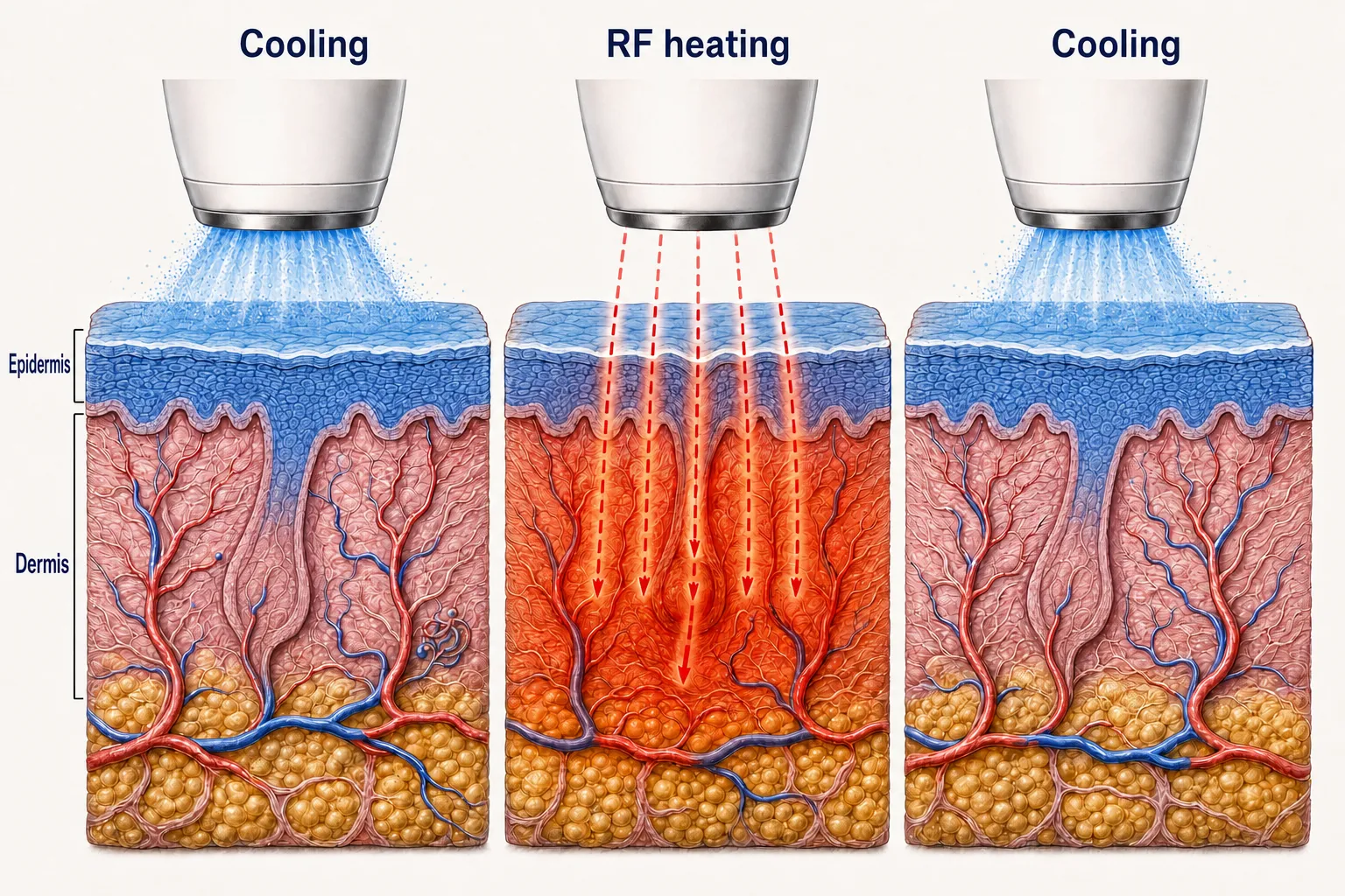 Cross-section of a Thermage pass — cooling gas protecting the surface before and after each shot while radiofrequency heat spreads through the full dermis