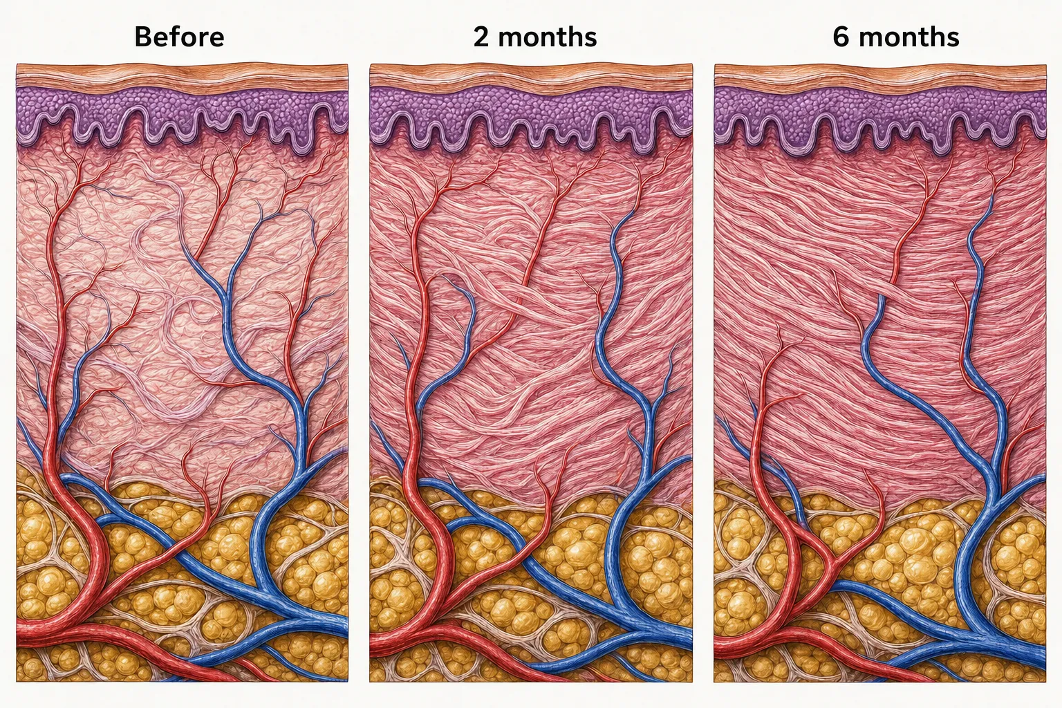 Cross-sections of dermal collagen density — loose collagen before treatment gradually filling in and tightening at 2 months and 6 months