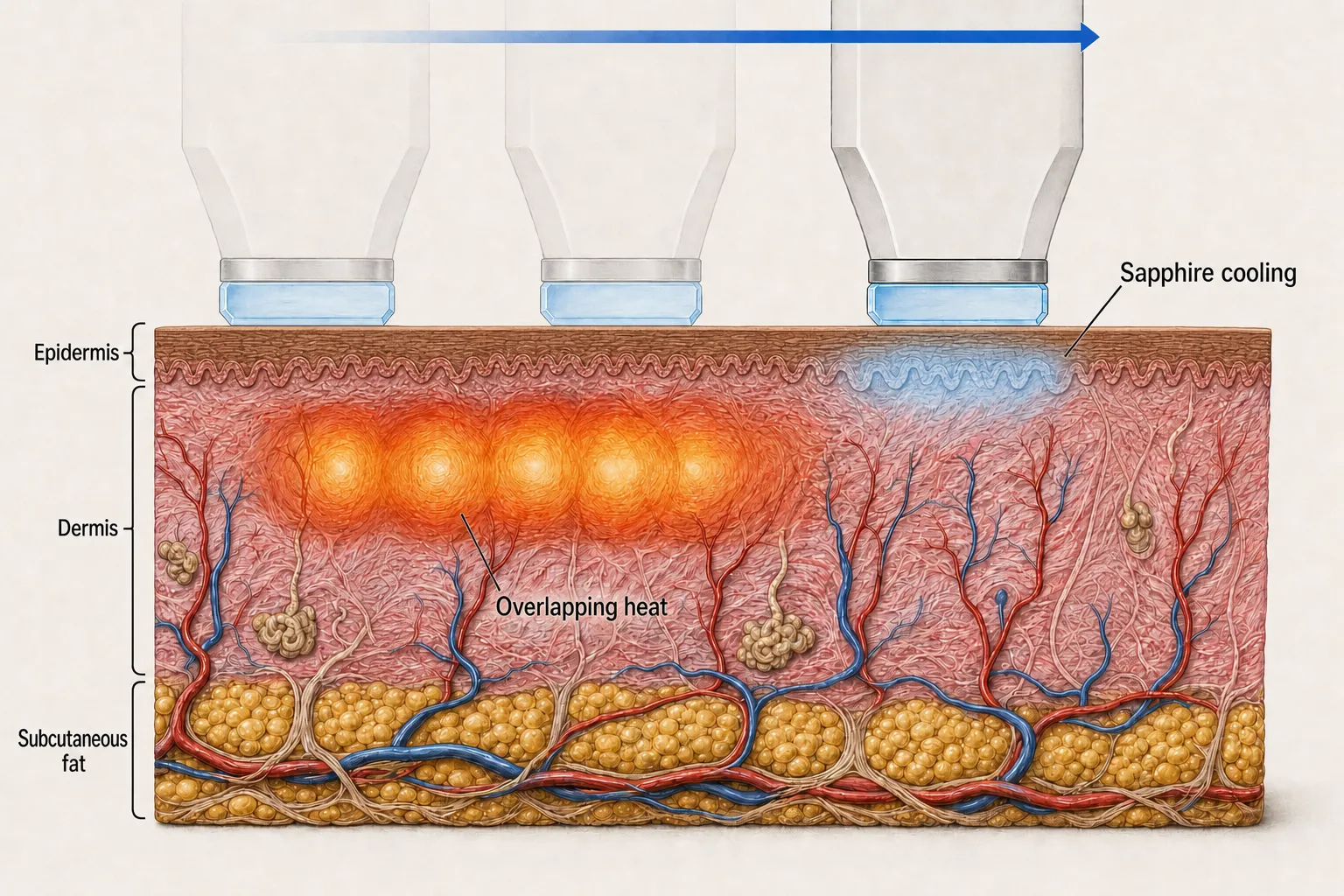 Cross-section of in-motion treatment — the tip gliding over the skin, heat layering up in the dermis, and sapphire cooling chilling the surface it touches