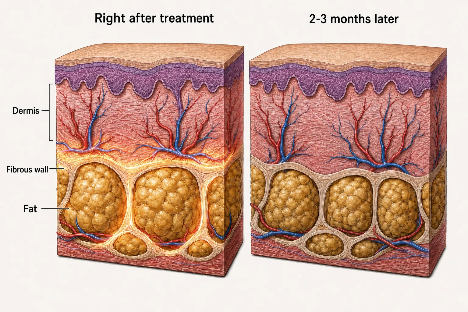 Two-stage tissue change after ONDA — the dermis and fibrous walls tightening right after treatment, then fat-lobule volume reducing over 2–3 months (individual results vary)
