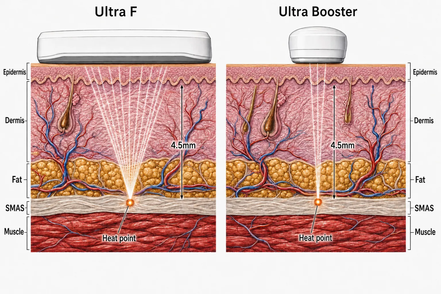 Cross-section comparing the Ultra F and Ultra Booster tips — only the tip width differs; both focus heat on a single point at the same depth