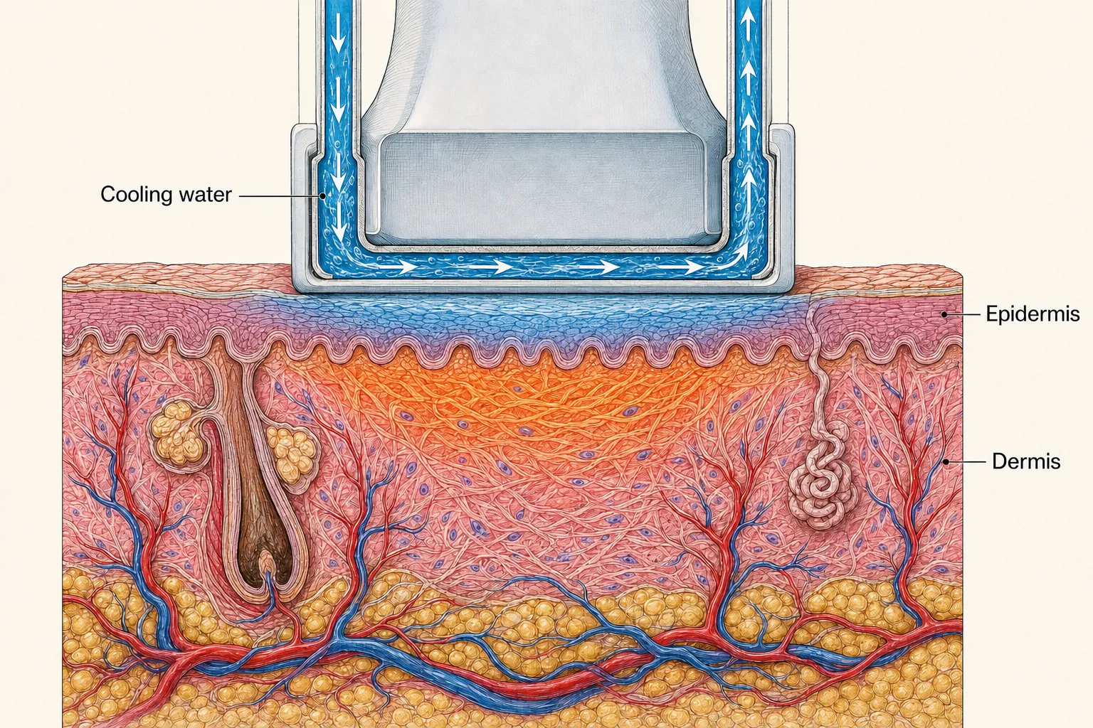 Cross-section of the Volnewmer tip — coolant circulating inside the tip keeps the epidermis cold while radiofrequency heat rises only in the dermis below