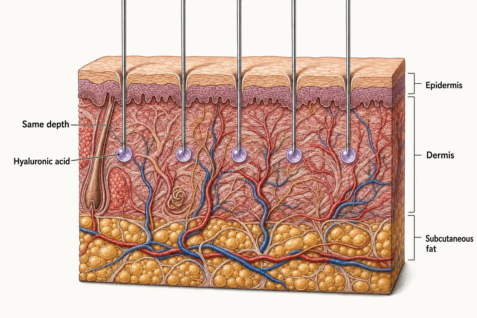 Cross-section of the skin — several fine needles entering the dermis side by side at the same depth, with watery hyaluronic acid placed evenly at each needle tip