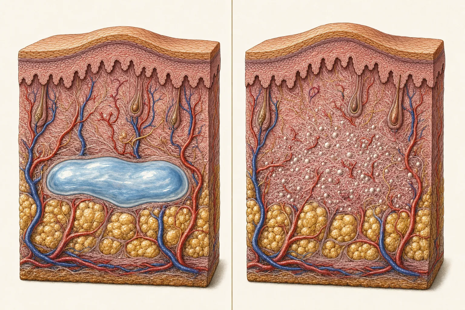 Two cross-sections months after treatment — an HA filler gel remaining as a clearly outlined mass that can be dissolved if needed, and Radiesse after gel absorption, its calcium-compound spheres woven together with new collagen, elastin, and microvessels, connected into the surrounding dermis