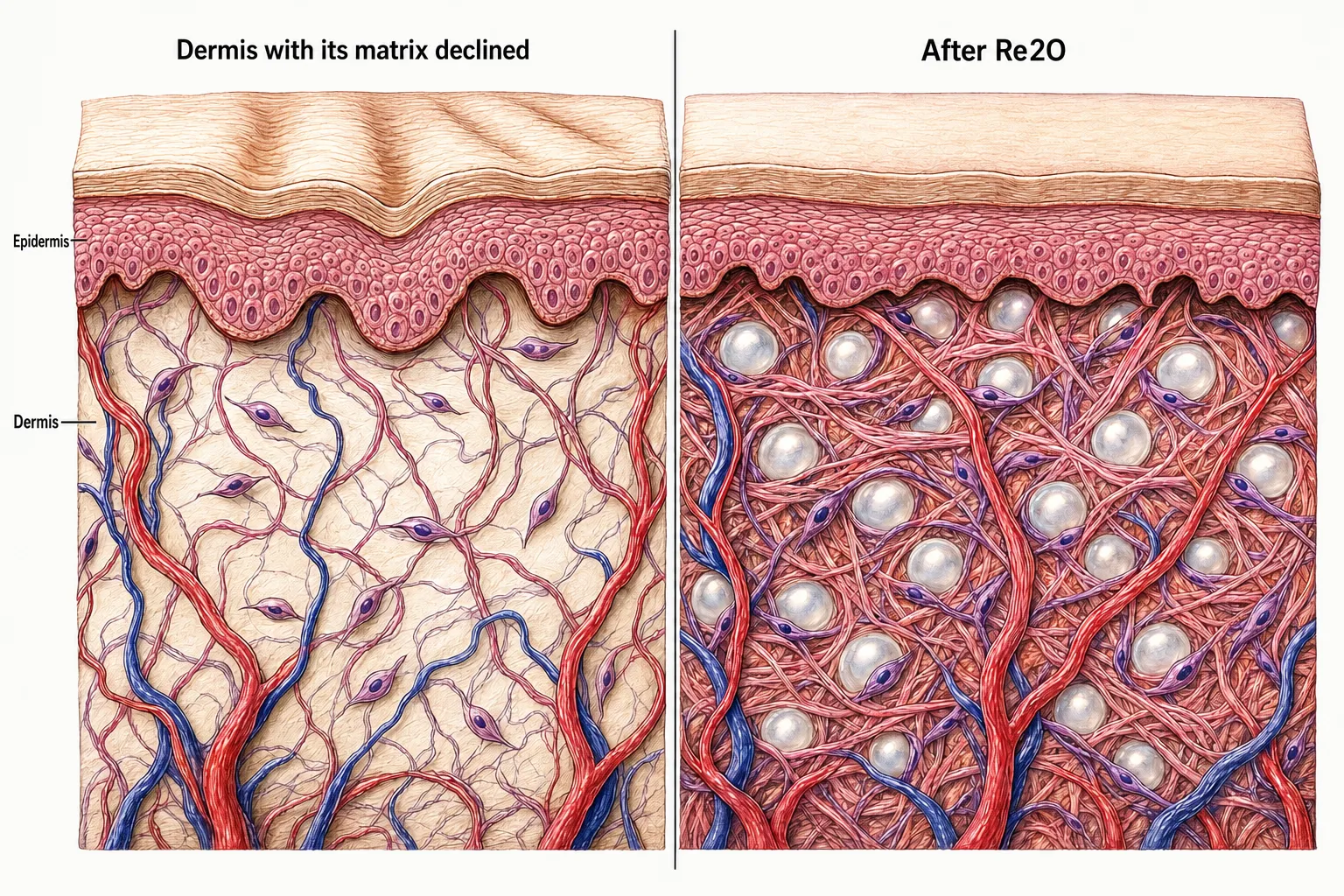 Two-panel anatomical cross-section — on the left, dermis whose matrix has declined, collagen fibers spread apart and fine lines showing at the surface; on the right, translucent particles in place with new collagen woven around them, the gaps between fibers filled back in