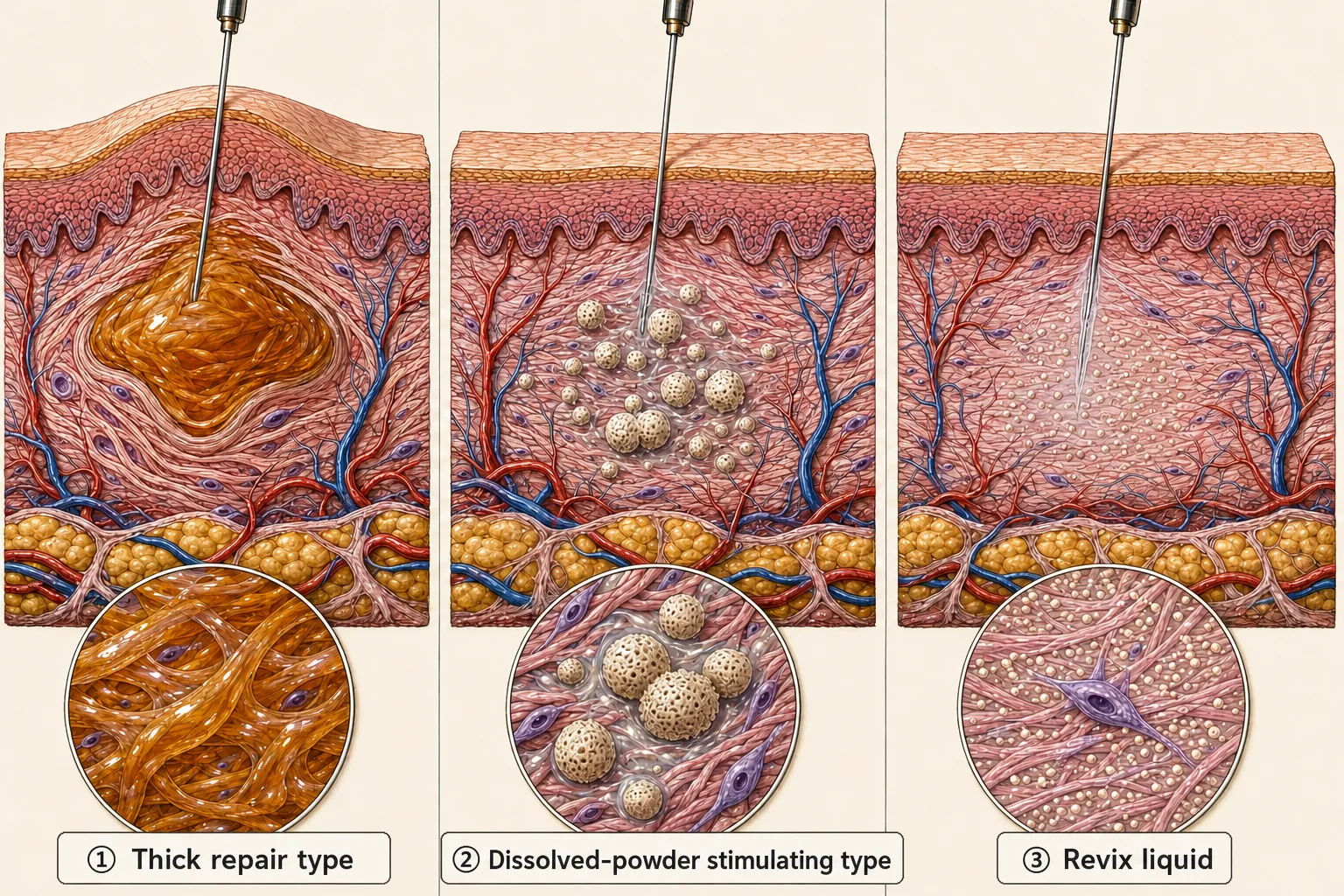 Side-by-side cross-sections — a thick PN repair injection gathered as one mass in the dermis with the surface slightly raised, a powder-dissolved collagen-stimulating injection with particles scattered between the tissue, and Revix's liquid microparticles seeping evenly between the collagen with the surface nearly flat; the magnified circles show each type's texture