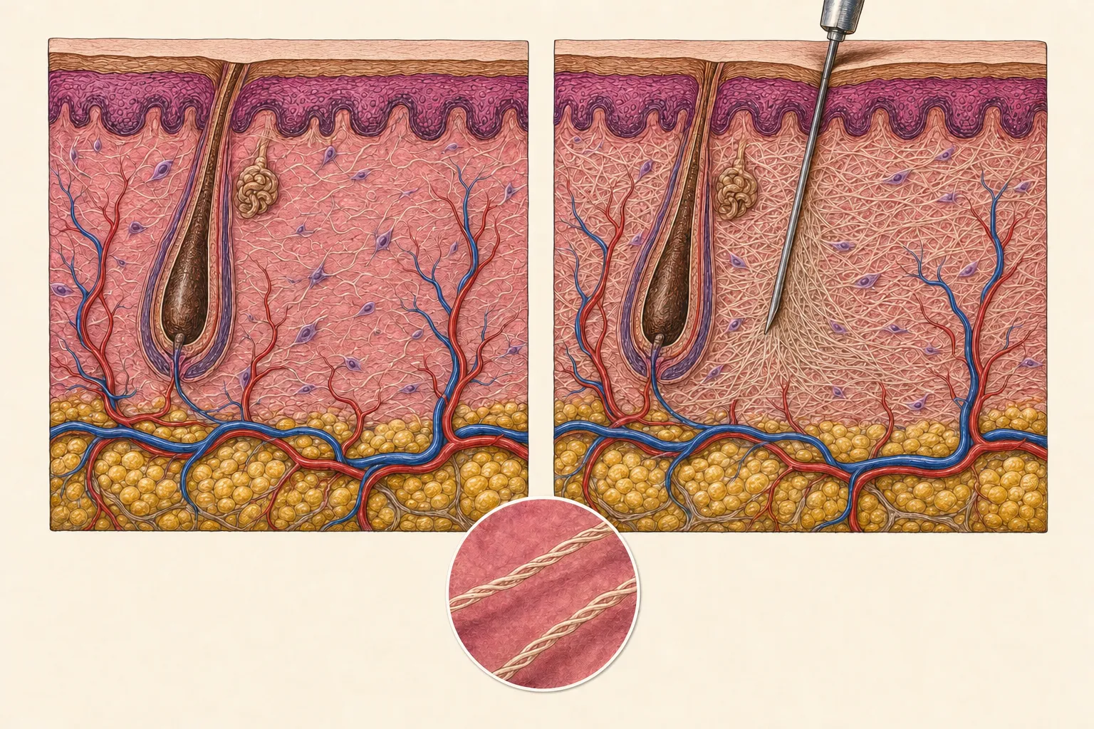 Two skin cross-sections — the epidermis, follicles, and vessels are nearly identical in both; the amount of collagen in the skin differs. Left: skin whose collagen has thinned out; right: finished collagen from the needle tip filling the gaps, dense again. Collagen-producing cells appear in both. The circle below magnifies the collagen
