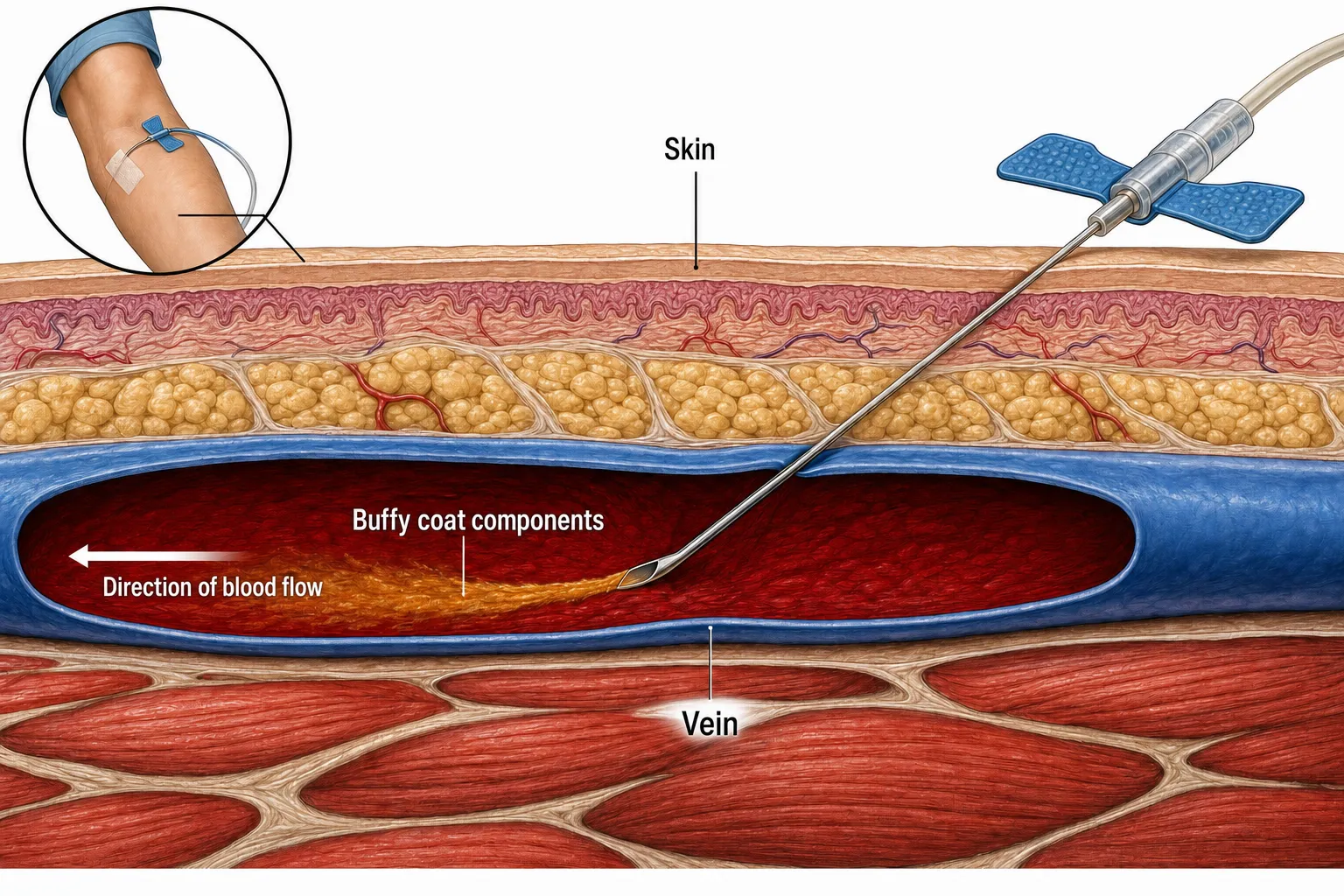 Cross-section of the inner arm — buffy coat components spreading in the direction of blood flow from the tip of a needle in the vein