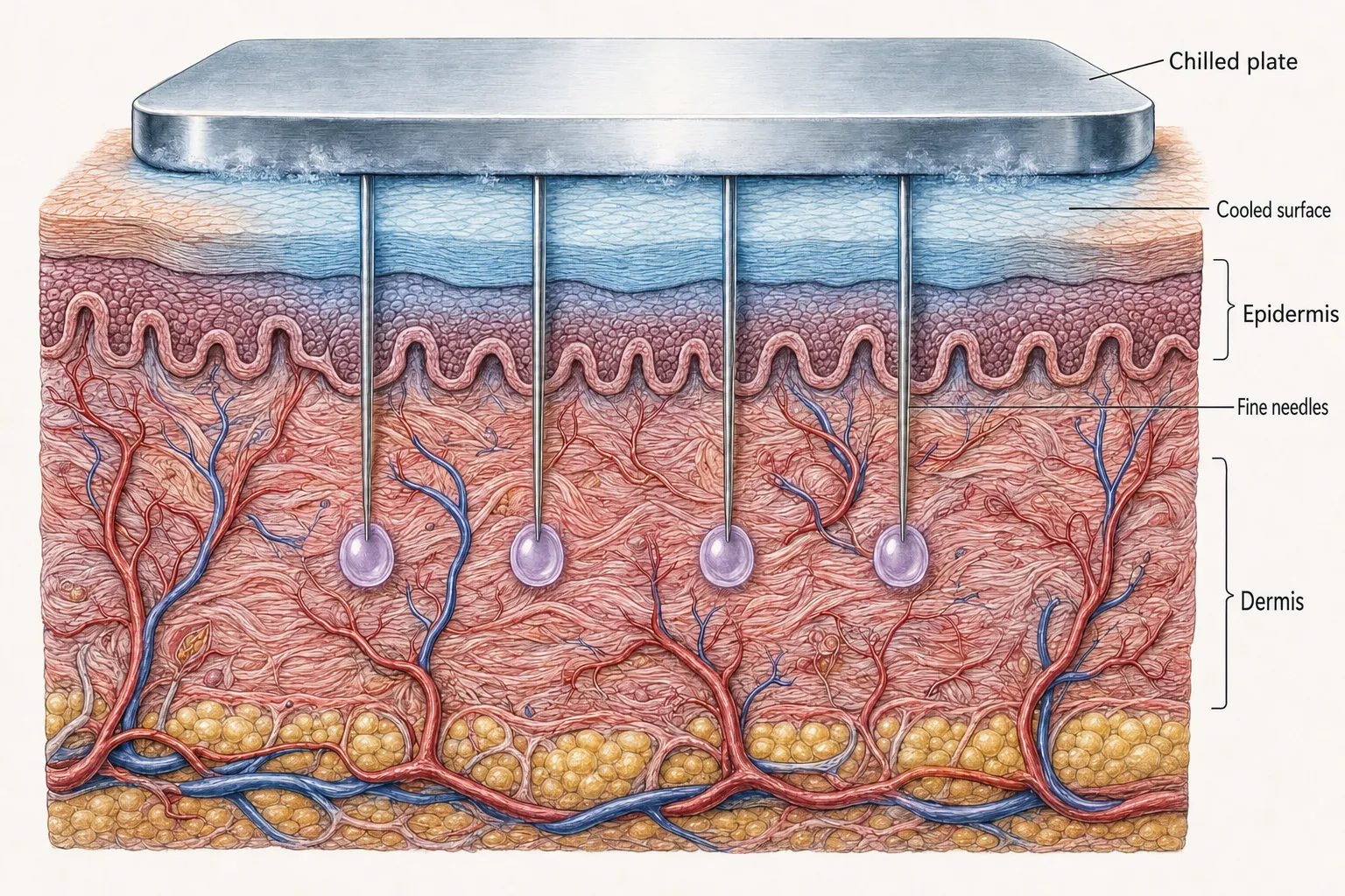 Conceptual cross-section of skin — a chilled metal plate touching the skin, the surface beneath it cooled blue, and fine needles passing that cooled surface into the dermis with a translucent drop of medication at each tip; the cold stays near the surface, and the tissue below the dermis is unchanged