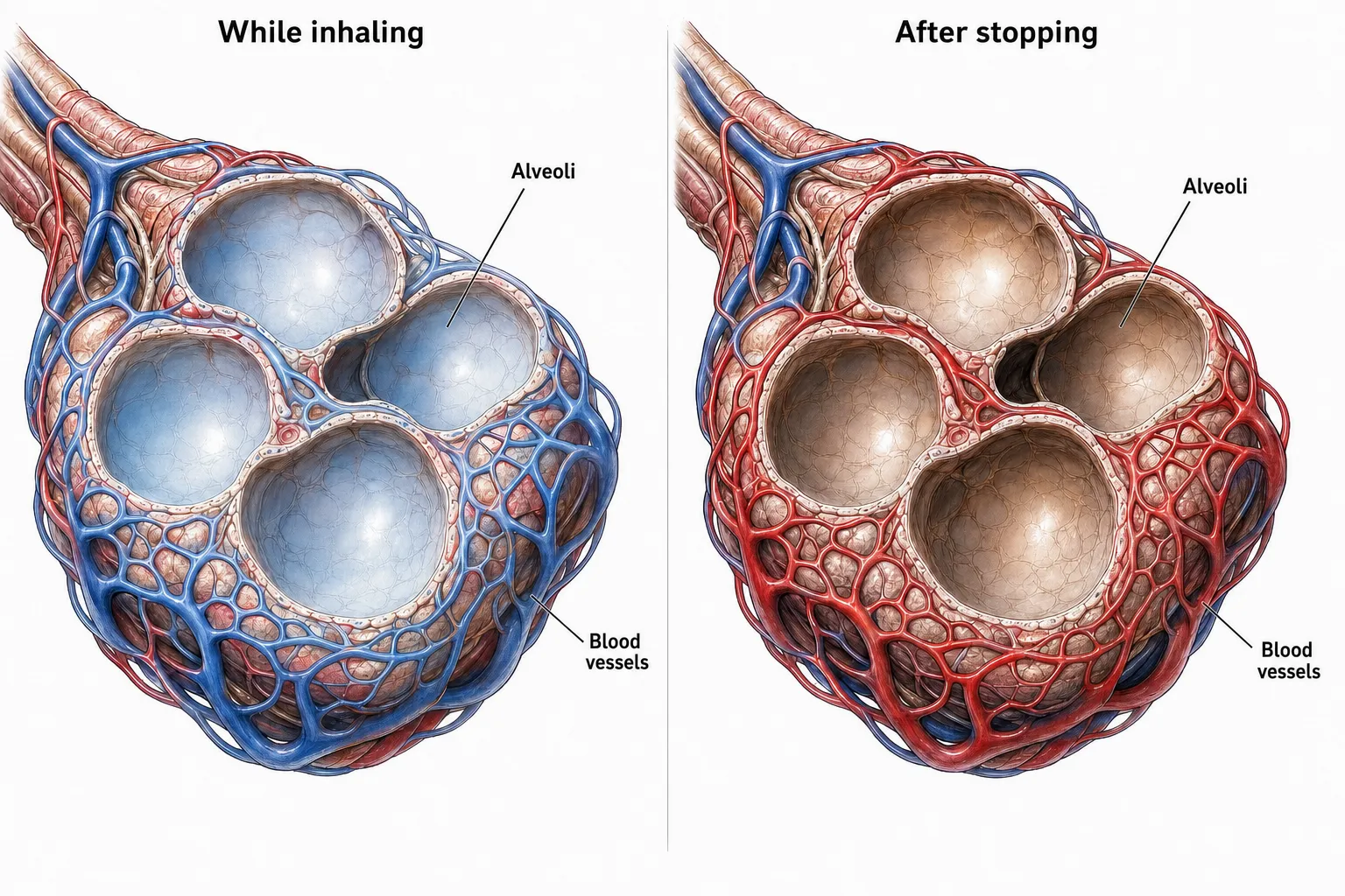 Side-by-side cross-sections of the tiny air sacs of the lungs (alveoli) and the fine blood vessels along their walls — inhaled gas passing into the blood, then passing back out into the alveoli once inhalation stops