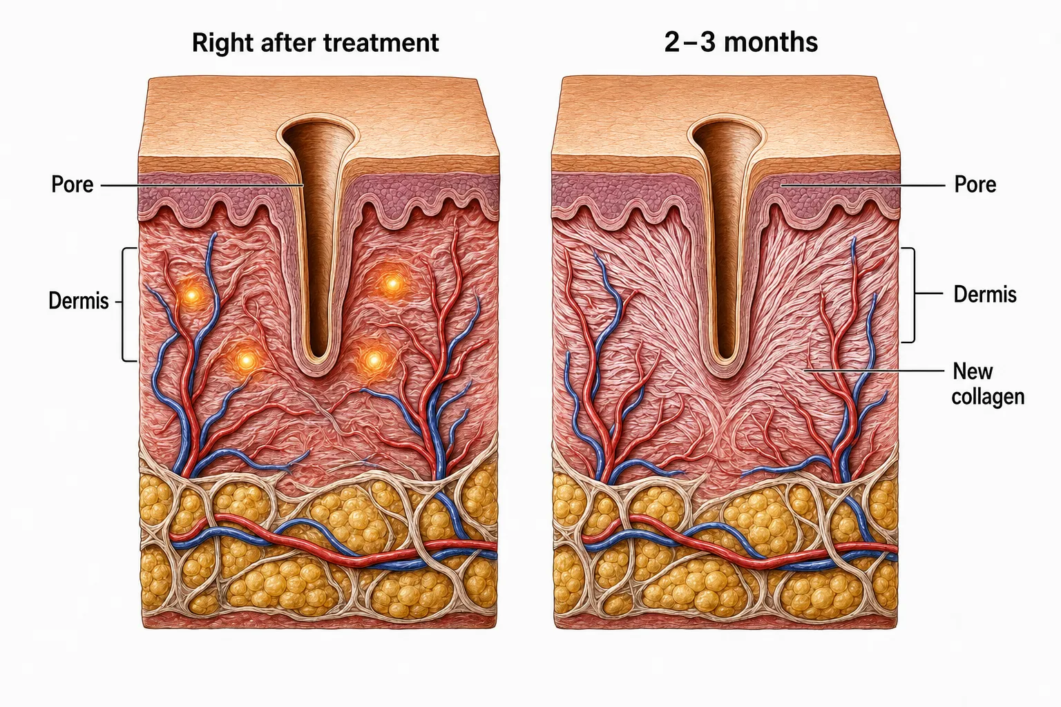 Side-by-side cross-sections of a pore right after treatment and 2–3 months later — needle-tip heat points sit in the dermis beside the pore wall at first, and over 2–3 months the surrounding collagen densifies and the pore gently tightens (individual results vary)