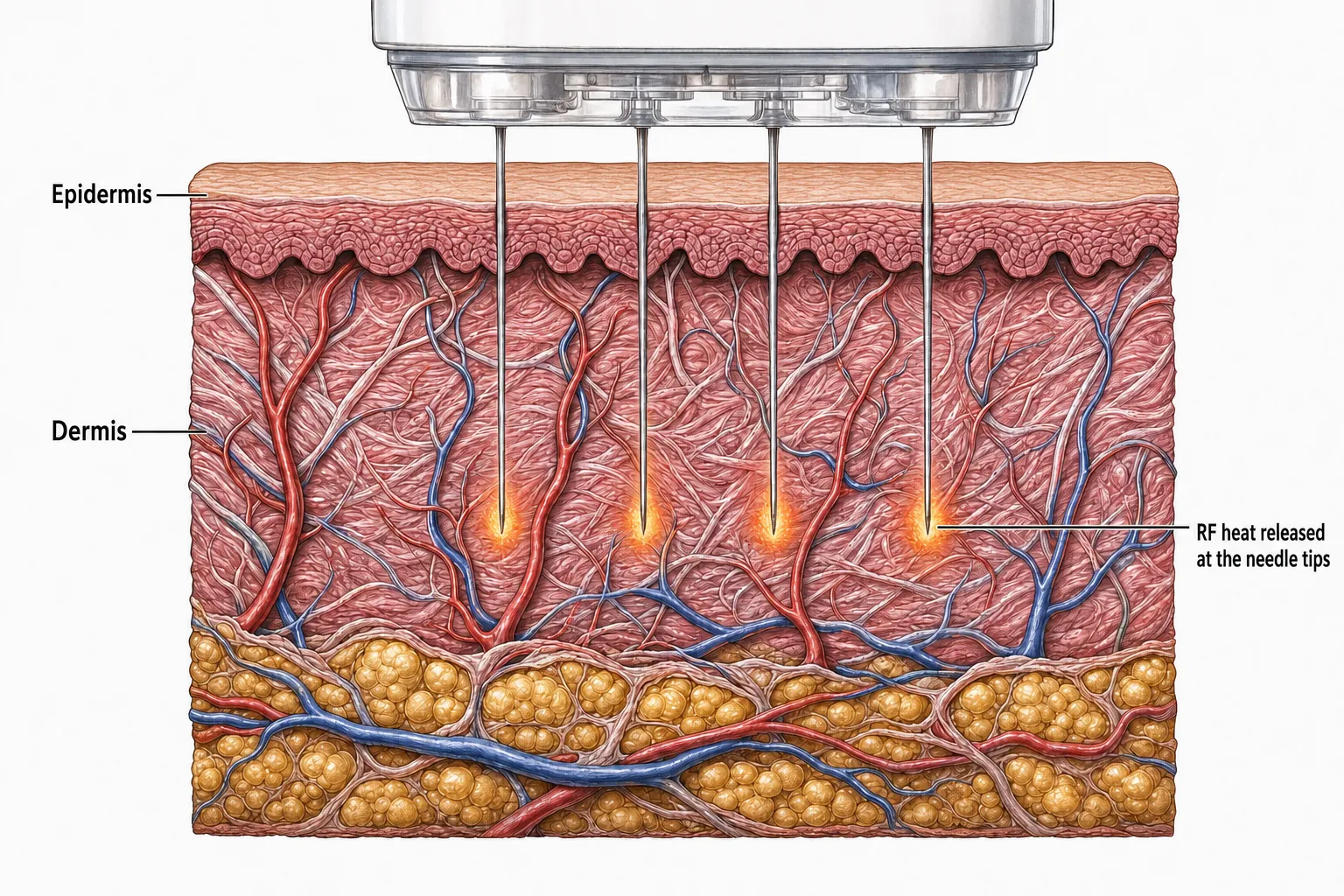 Cross-section of skin — several fine microneedles passing the epidermis into the dermis, with radiofrequency heat spreading around the needle tips