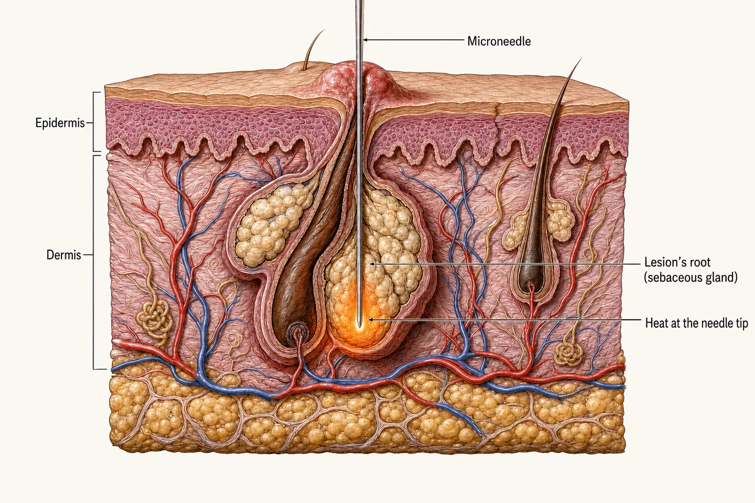 Cross-section of skin — through a small bump raised on the surface, a single fine needle reaches the lesion's root in the dermis (an enlarged sebaceous gland in this drawing) with heat spreading only at the needle tip — the normal follicle beside it untouched, and the needle and heat reaching the dermis only, not the fat layer. The root differs by lesion: for syringoma it is a sweat duct, for milia a keratin sac