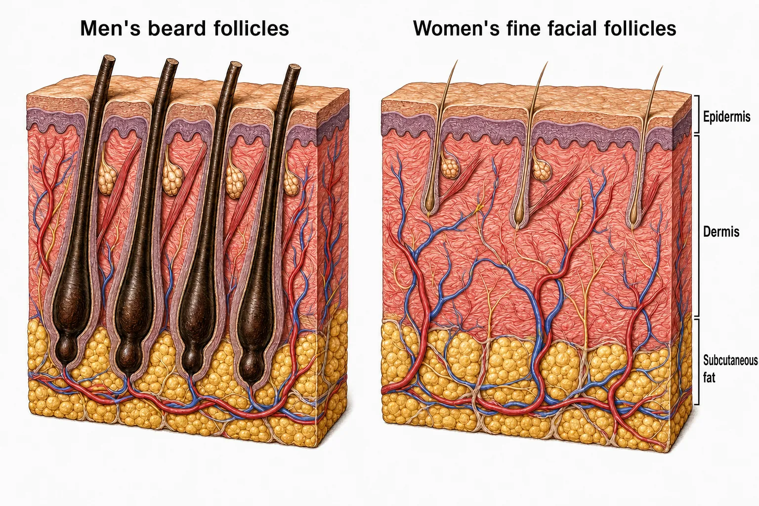 Side-by-side cross-sections of a man's beard area and a woman's facial skin — beard follicles are thick, darkly pigmented, rooted down into the subcutaneous fat and densely packed; a woman's fine facial follicles are thin, faint, ending within the dermis and spaced apart