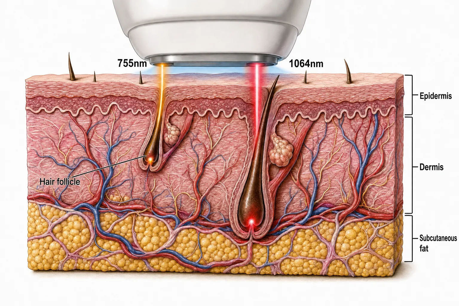 Cross-section of skin showing two lasers from one device reaching follicles at different depths — 755nm for shallow follicles, 1064nm for deep, thick ones