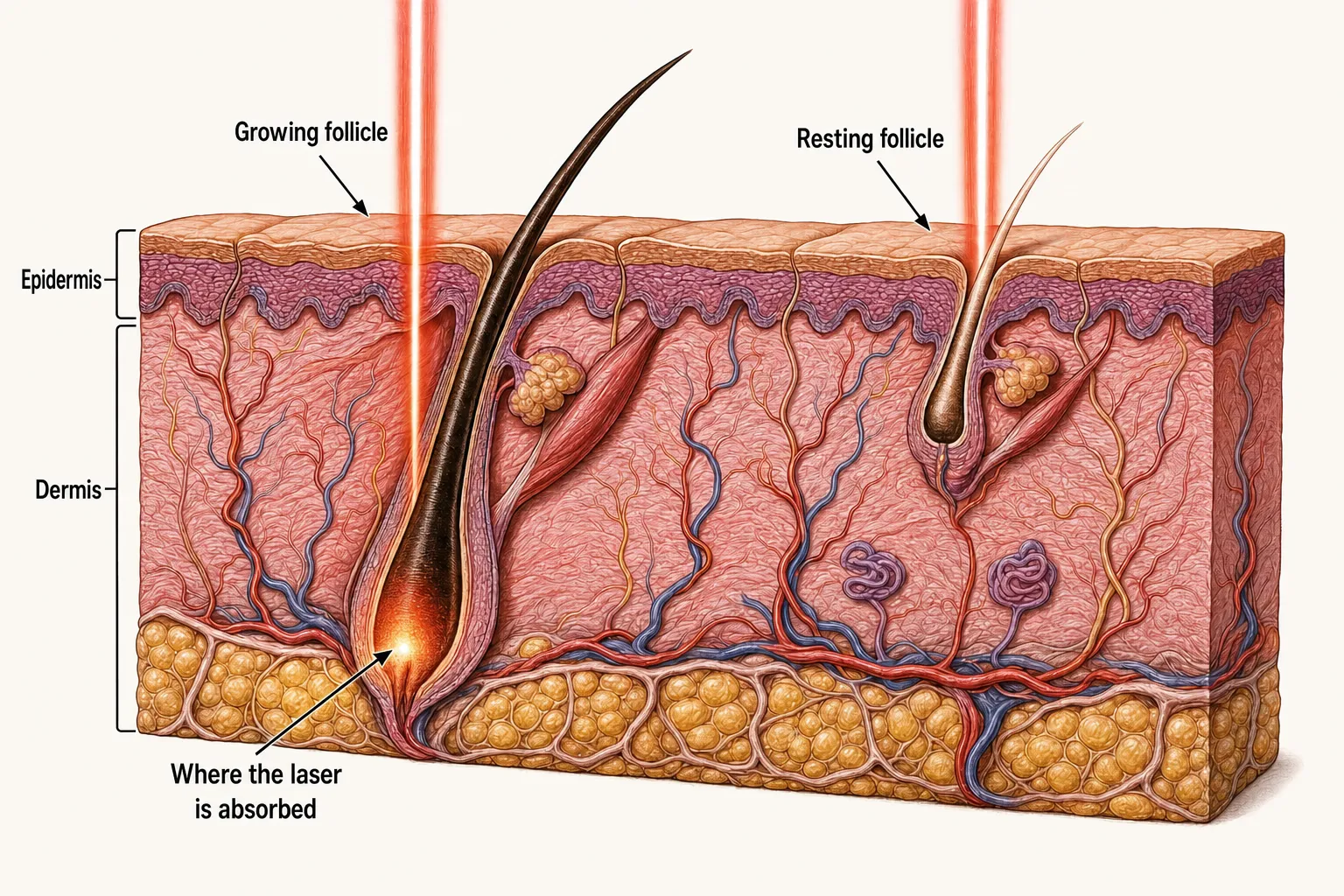 Side-by-side cross-sections of a growing follicle and a resting one — the deep, dark growing follicle absorbs the laser and gathers heat at its root; the shallow, faint resting follicle doesn't respond