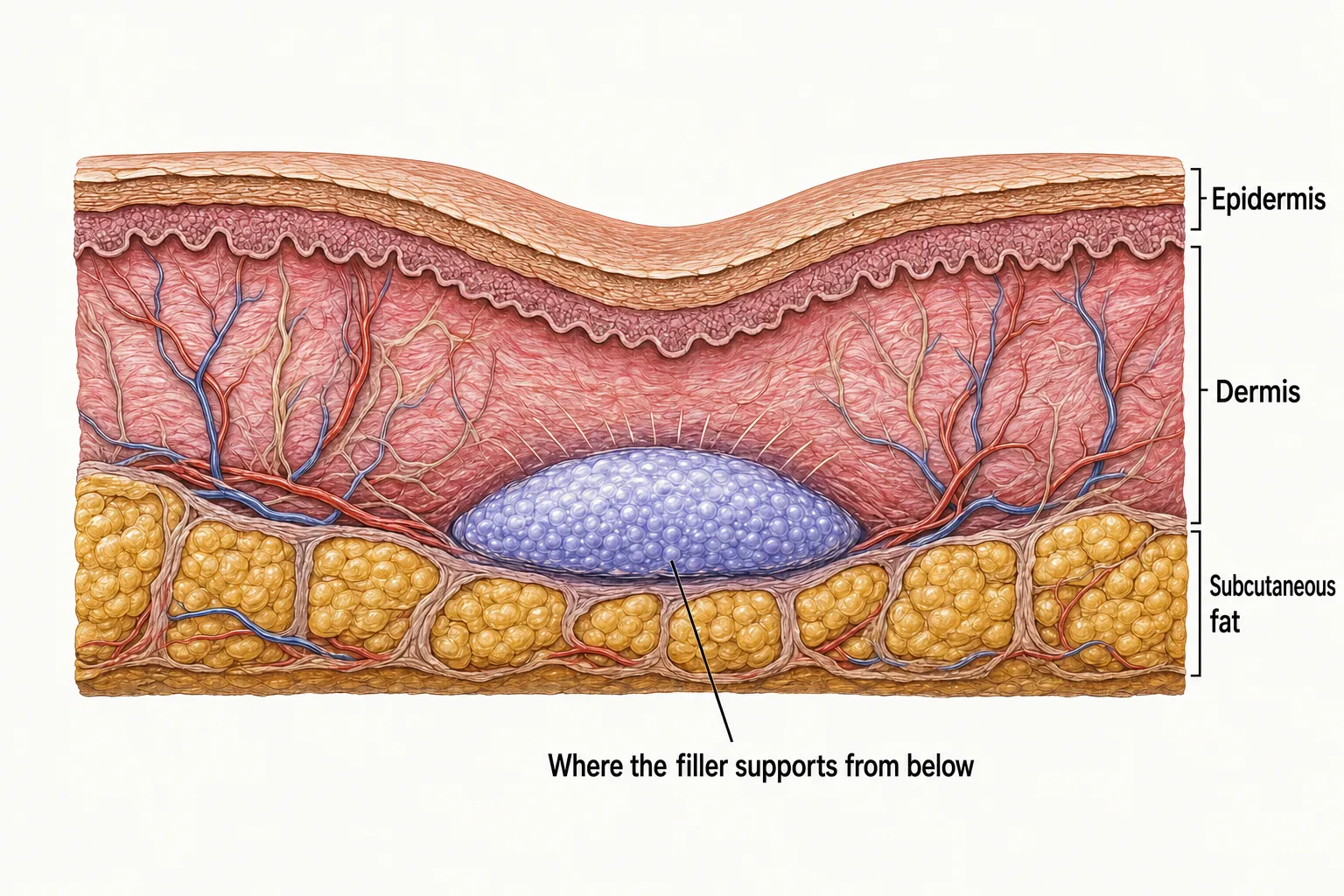 Cross-section of particle-type filler supporting the tissue from the deep layer beneath a sunken area