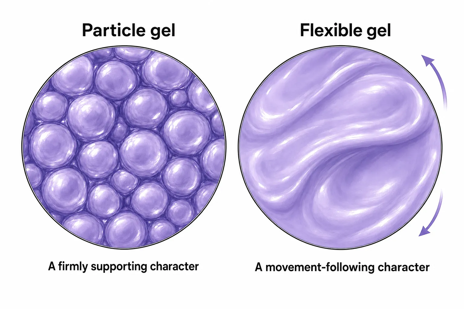Magnified comparison of a particle gel and a flexible gel side by side — a firmly supporting character and a movement-following character