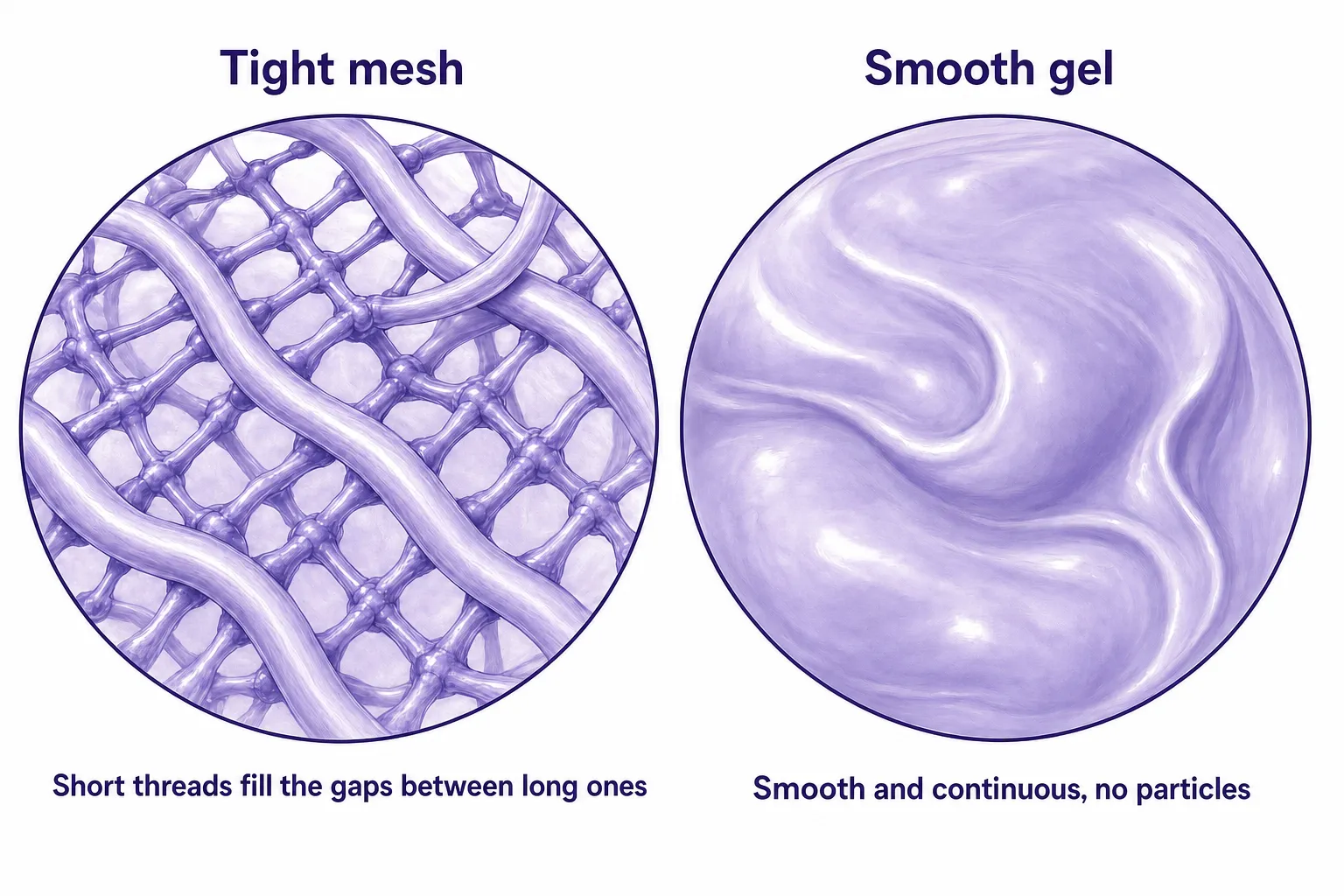 Two magnified views of Juvederm gel — the tight mesh of short threads filling the gaps between long ones, and the smooth, particle-free gel texture