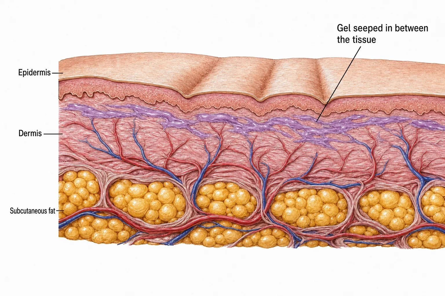 Cross-section of thin skin — gel seeped in between the tissue in the layer near the surface, beneath fine lines