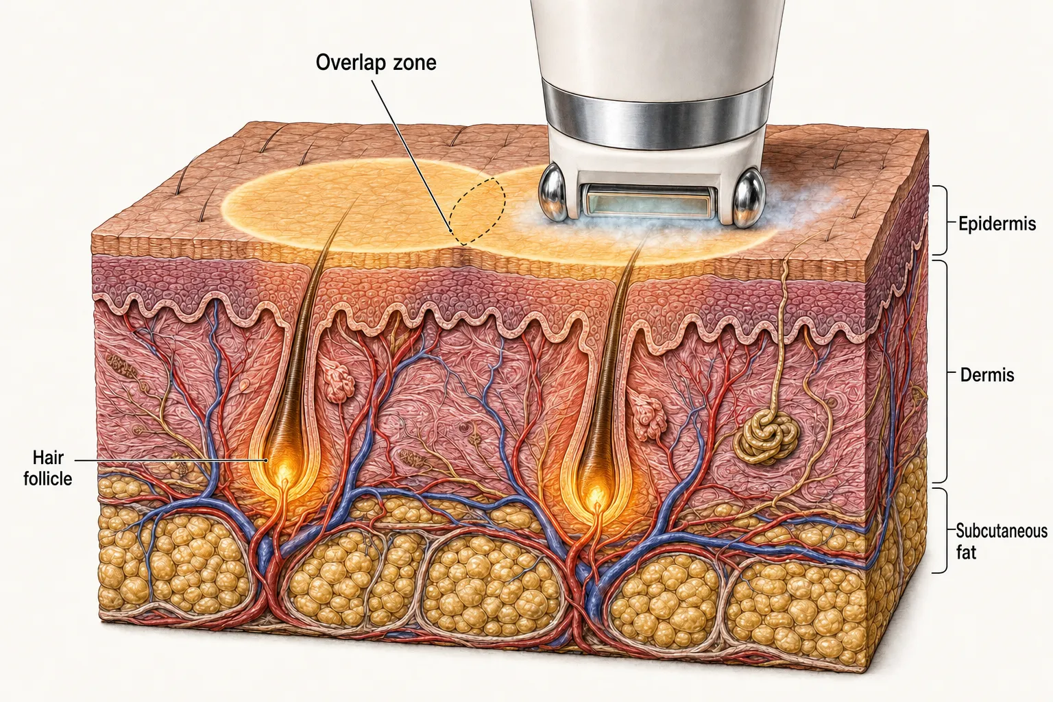 Cross-section of skin as the handpiece rolls across it — two treated patches overlapping slightly as they connect, with heat gathering at the follicle roots beneath each