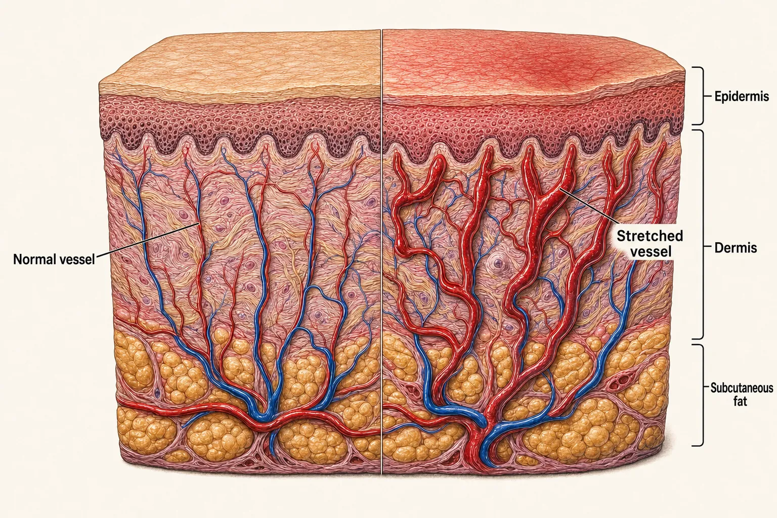 Side-by-side cross-sections — a narrow normal vessel on the left and a stretched vessel on the right; the thicker the vessel in the dermis near the surface, the more the redness shows through