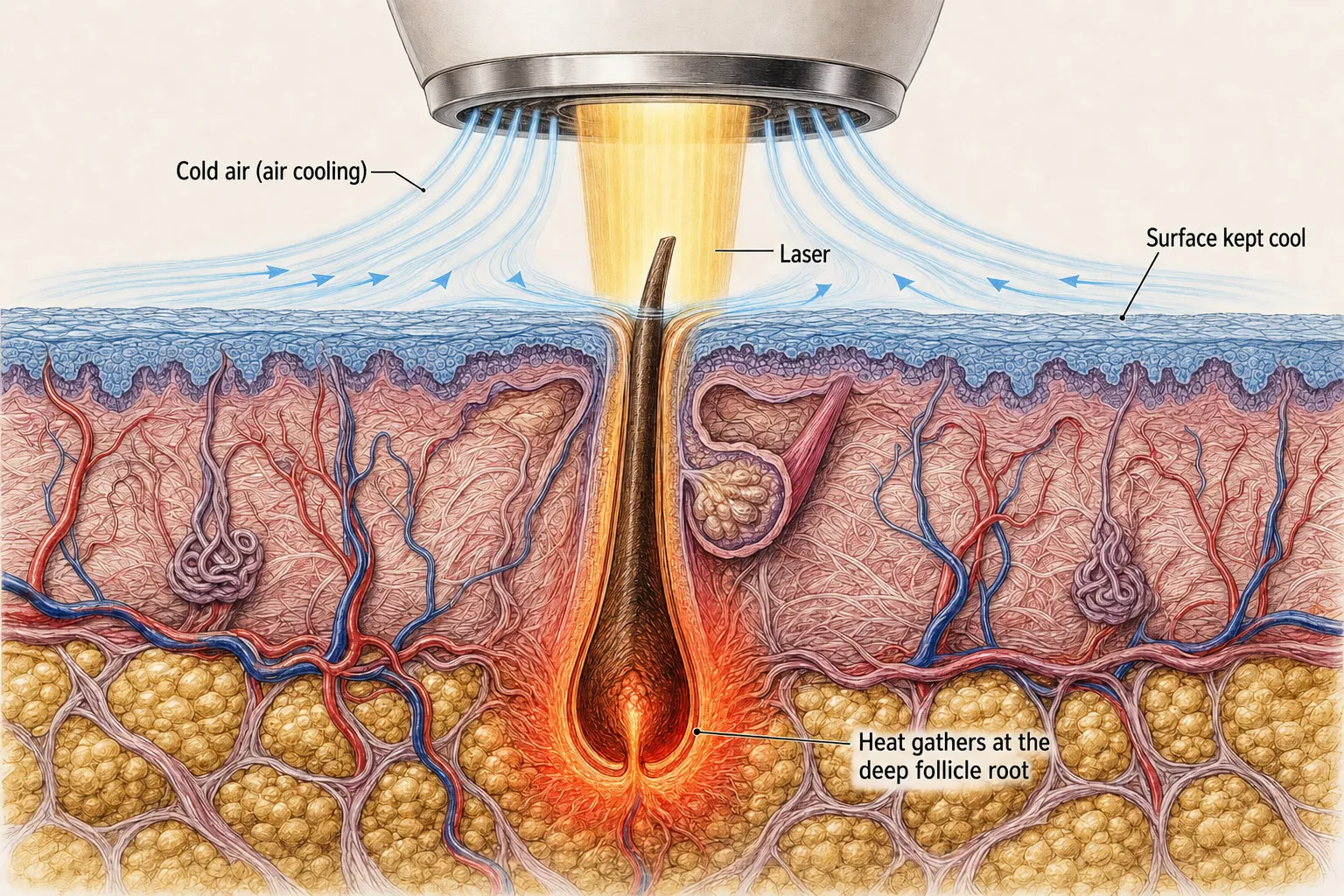 Cross-section of skin — cold air (air cooling) from the laser device chilling the surface while heat gathers at a deep follicle root; the surface stays cool and only the depths heat up