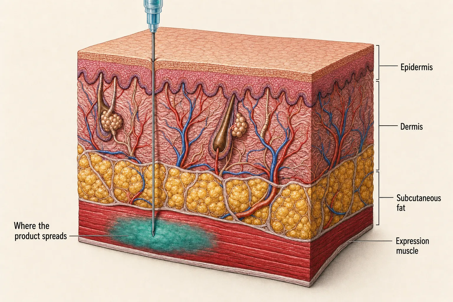 Cross-section of skin with a fine needle passing through the fat layer to the muscle, the product spreading only within the muscle