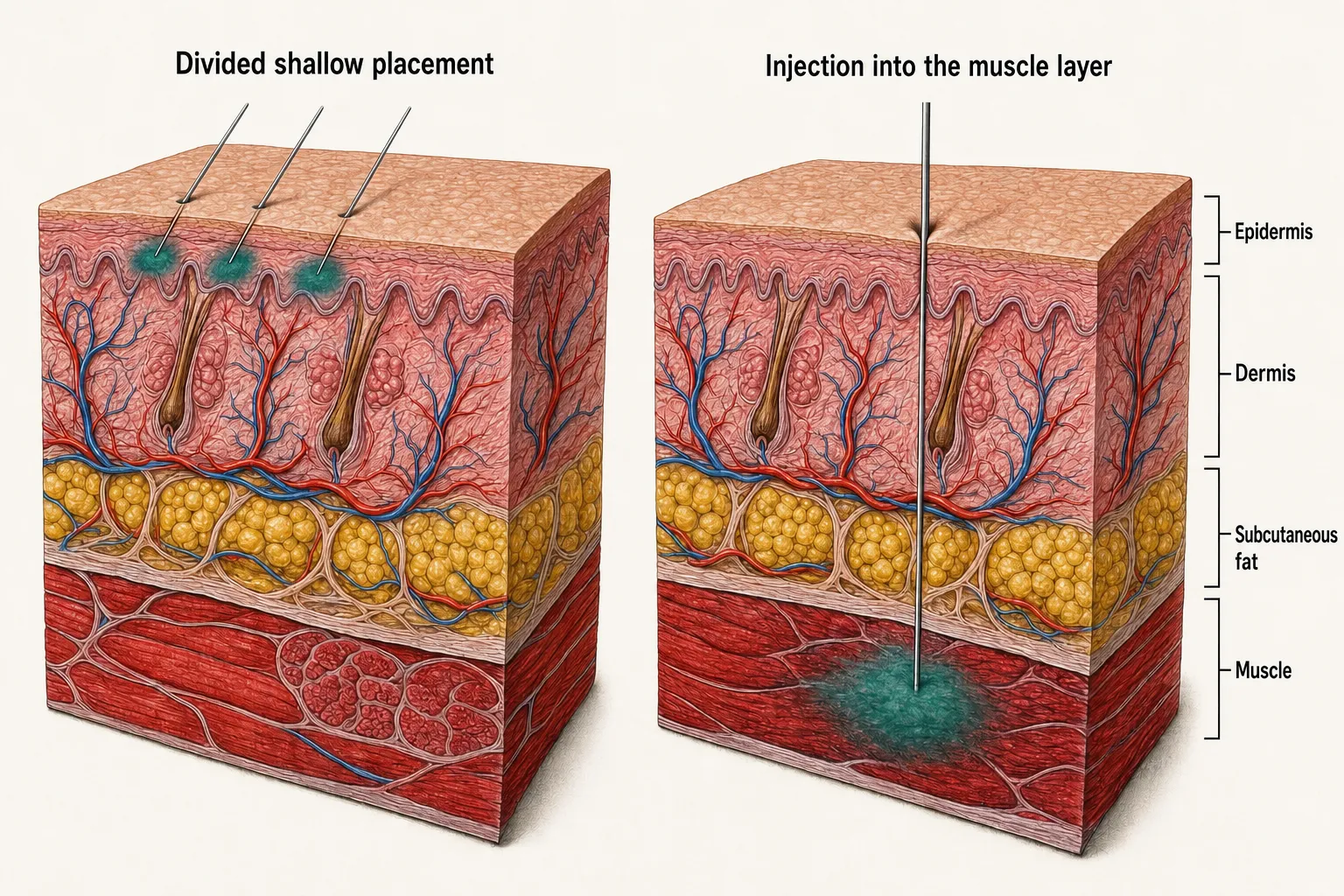 Side-by-side cross-sections comparing shallow multi-point placement with a single deep injection reaching the muscle layer