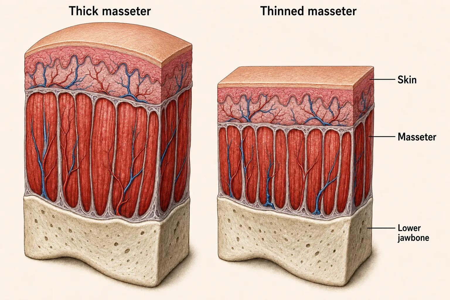 Side-by-side cross-sections of a thick masseter and a thinned one — the jawbone identical in size and shape in both