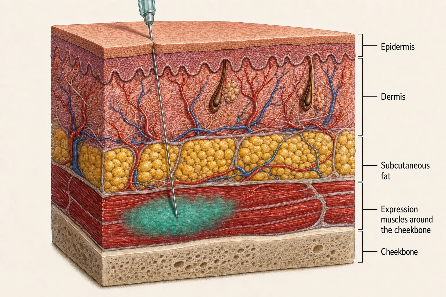 Cross-section of the cheekbone area — needle tip and product within the expression muscle beneath the fat layer, the cheekbone below unchanged