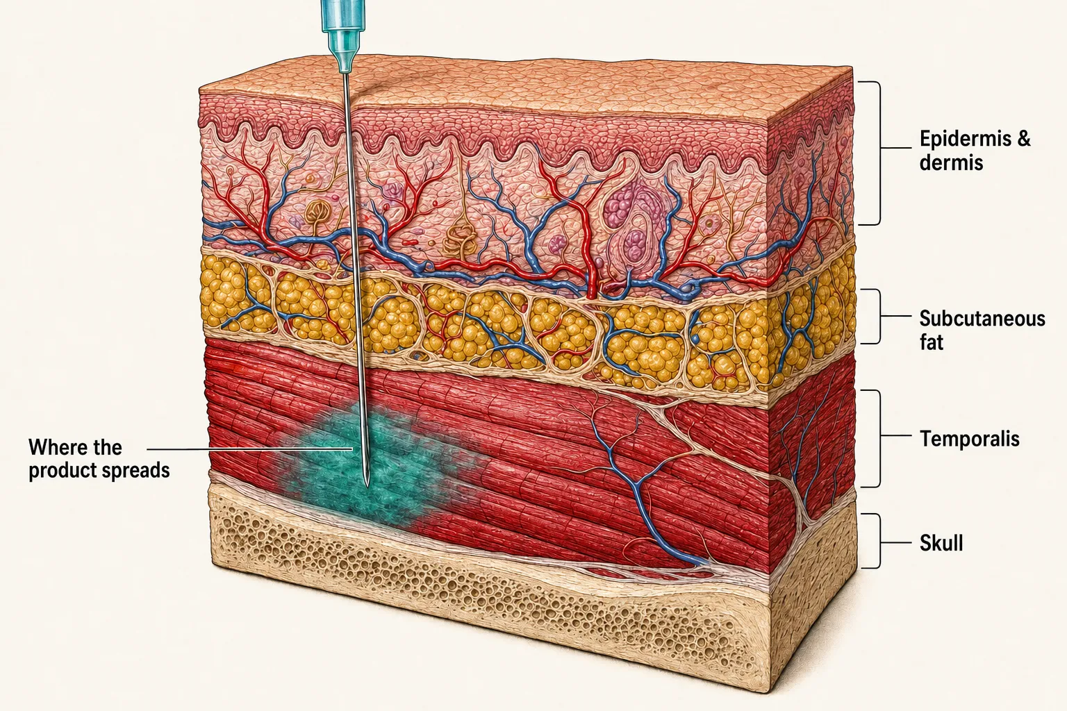 Cross-section of the temple area — needle tip and product confined within the temporalis on the outside of the skull