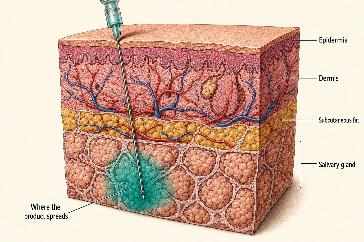Cross-section of skin — the salivary gland's clustered lobules beneath the fat layer, with the needle tip and product staying inside the gland