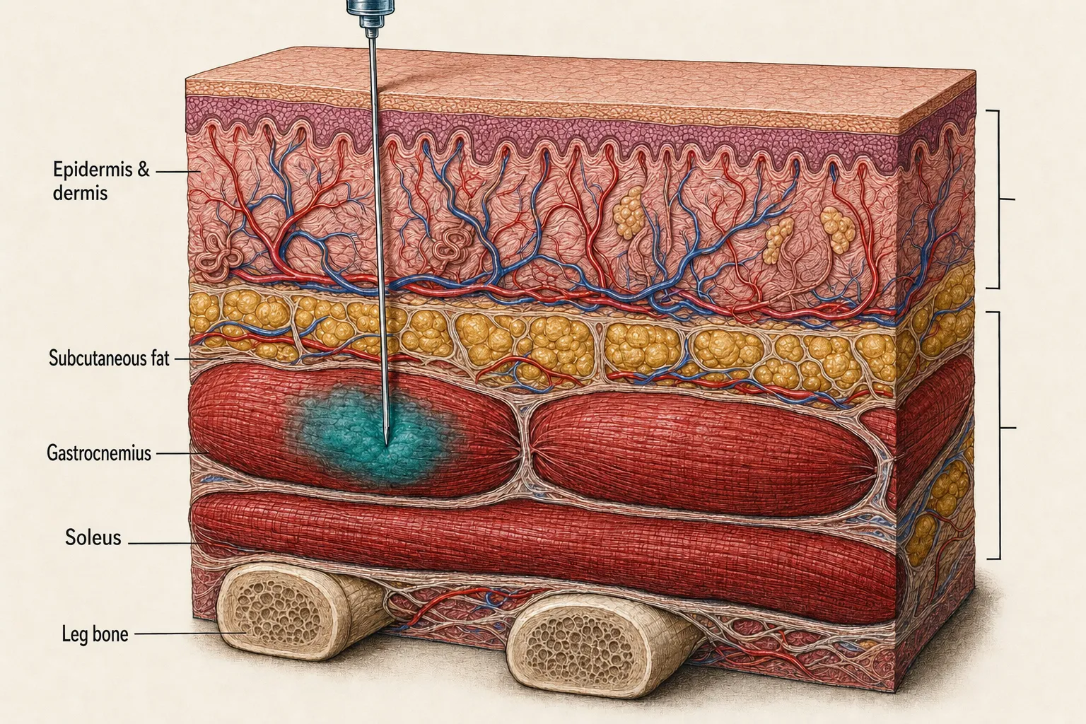 Cross-section of the calf — the two-headed gastrocnemius beneath the fat layer, the soleus beneath it, and the needle tip with product inside the muscle
